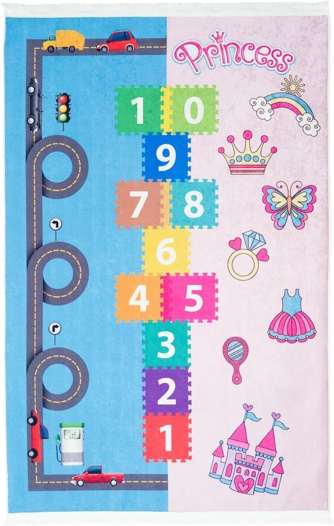 Hopscotch 4'x6' Machine Washable Rug for Kids Blue/Pink Hopscotch Rug