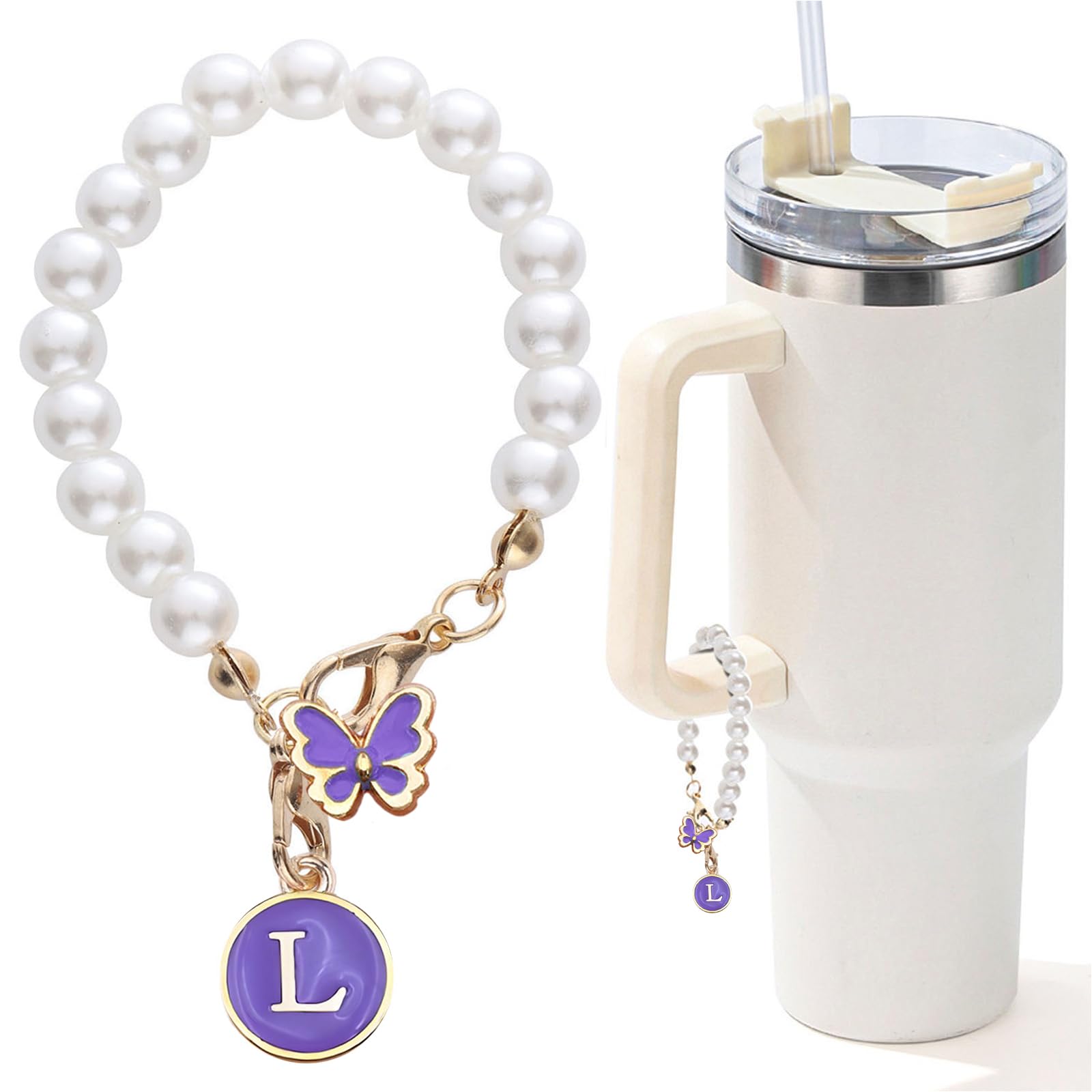 Letter Charm for Stanley Cup，Pearl Chain Accessories Stanley Cup Initial Charms for Handle Stuff Decor Water Bottle Jewelry Tumbler Cute Personalized Name ID Decorations Purple Tag L
