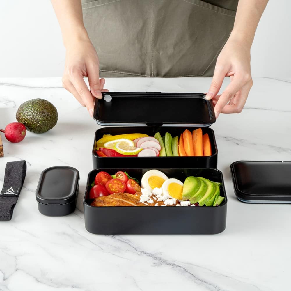 Restaurantware Bento Tek 40.5 Ounces Stackable Lunch Box 1 Reusable Adult Lunch Container - With Utensils Included Sauce Cup Black Plastic Layered Lunch Box Microwavable Dishwashable - Image 5