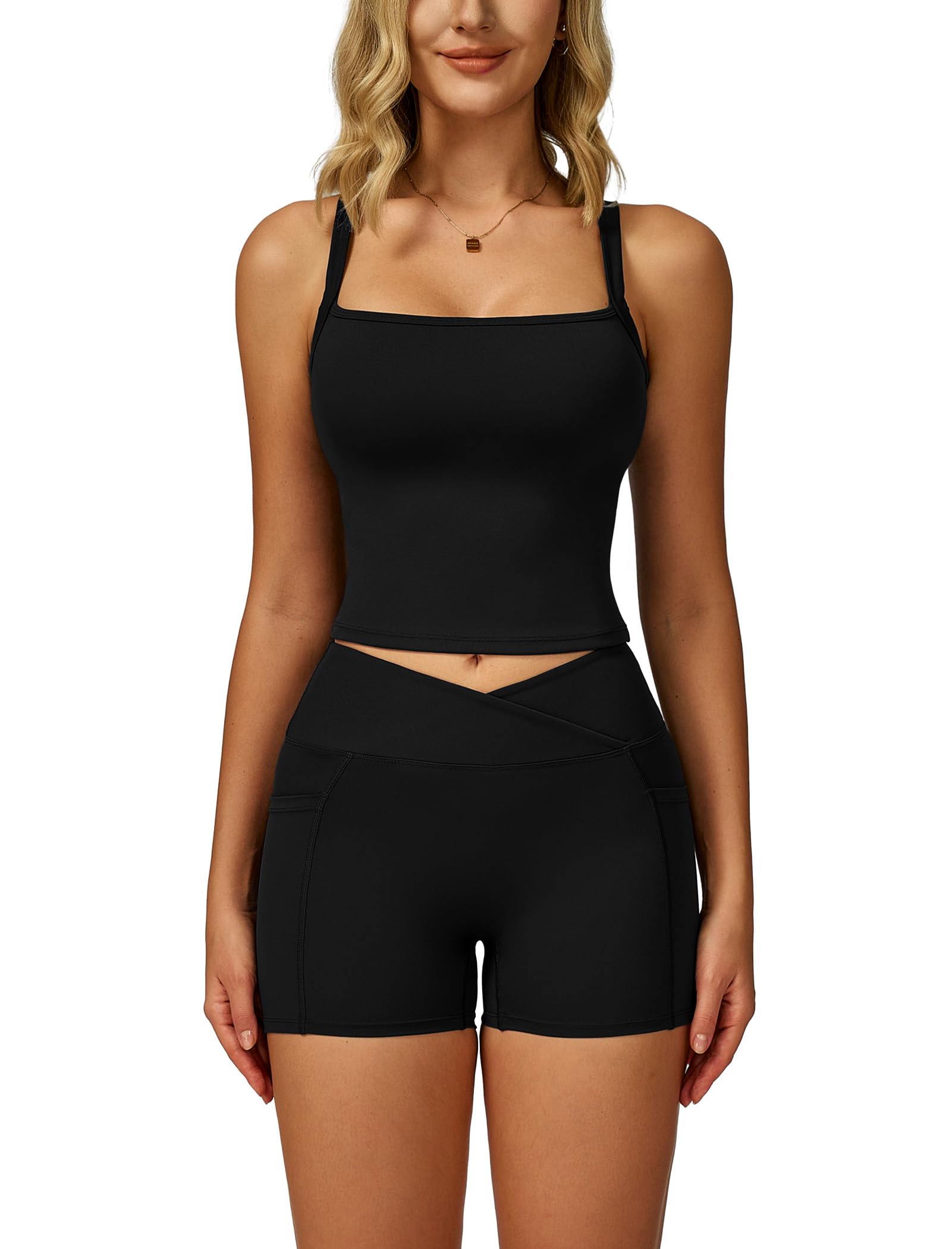 ABOCIW Workout Sets for Women 2 Piece Square Neck Tank Top Crossover Biker Shorts with Pockets Yoga Gym