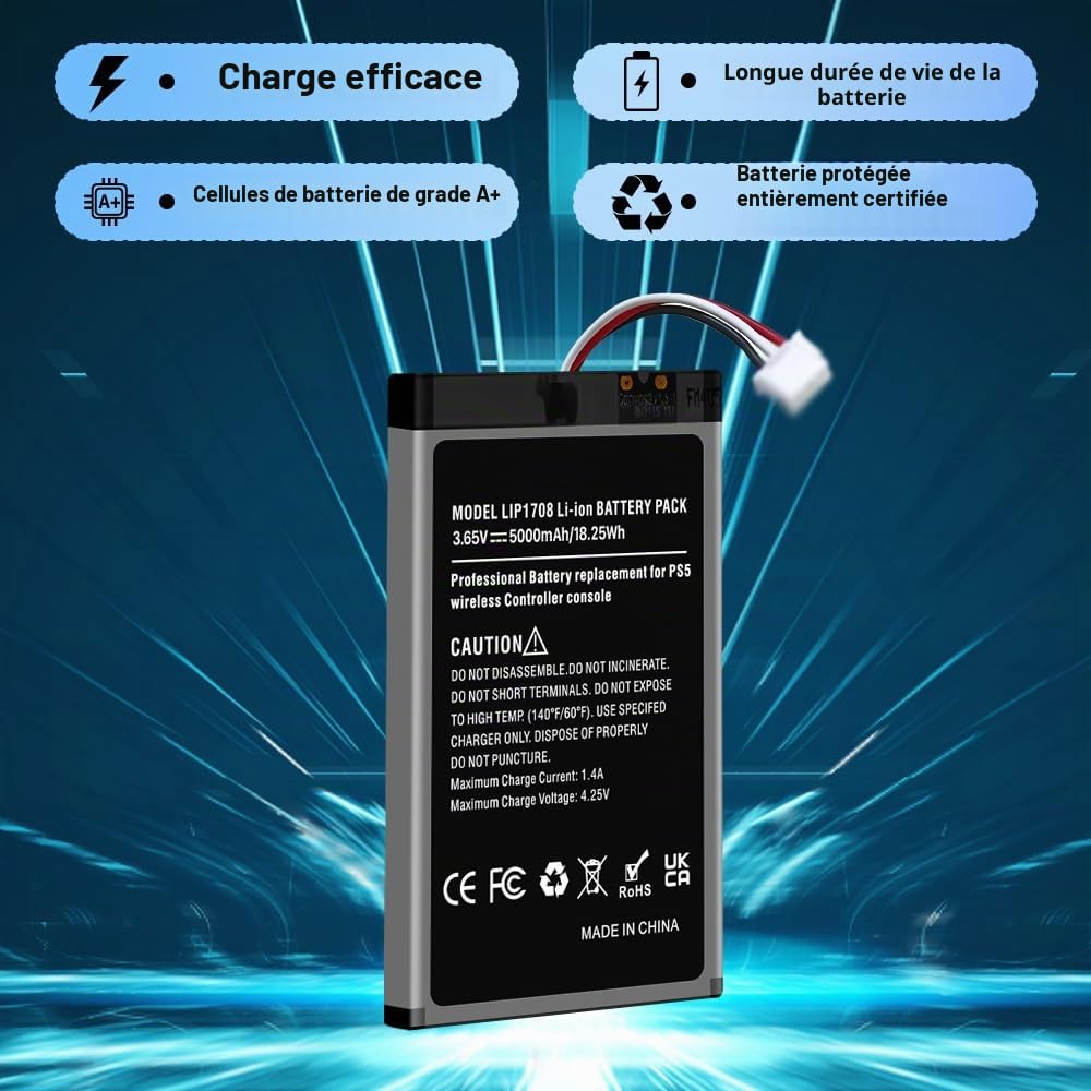 Batterie pour PS5, 5000mAh Batterie Améliorée LIP1708 de Remplacement pour PS5 DualSense CFI-ZCT1W Manette sans Fil (Non Compatible avec la DualSense Edge)