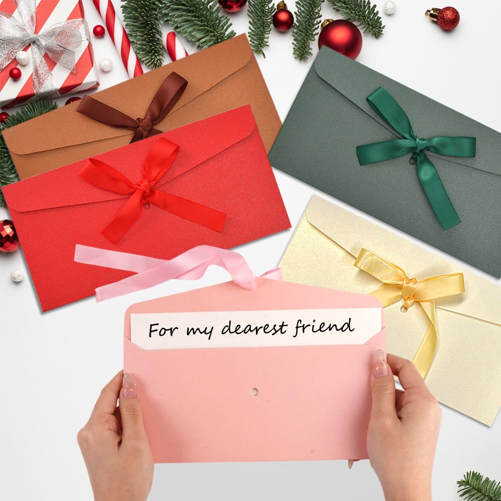 12 Kleurrijke Parelglanzende Enveloppen Met Linten – 22x10,8 Cm – Vintage Stijl – Voor Uitnodigingen, Bedankkaarten, Kerst & Bruiloften – Waterafstotend & Stevig – Set Van 12 Kleuren