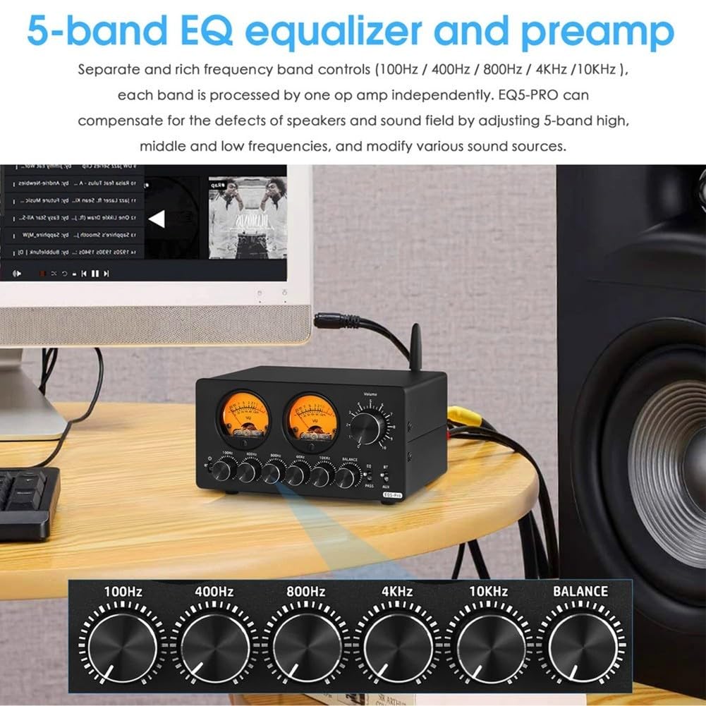 EQ5PRO Ecualizador de 5 bandas, preamplificador con entrada 5.0, doble VU, control de equilibrio de modo de derivación de medidor, chapado en oro para RCA AUX para sistema de audio estéreo de alta