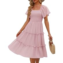 Women Tiered Flutter Sleeve Square Neck Smocked Midi Dress