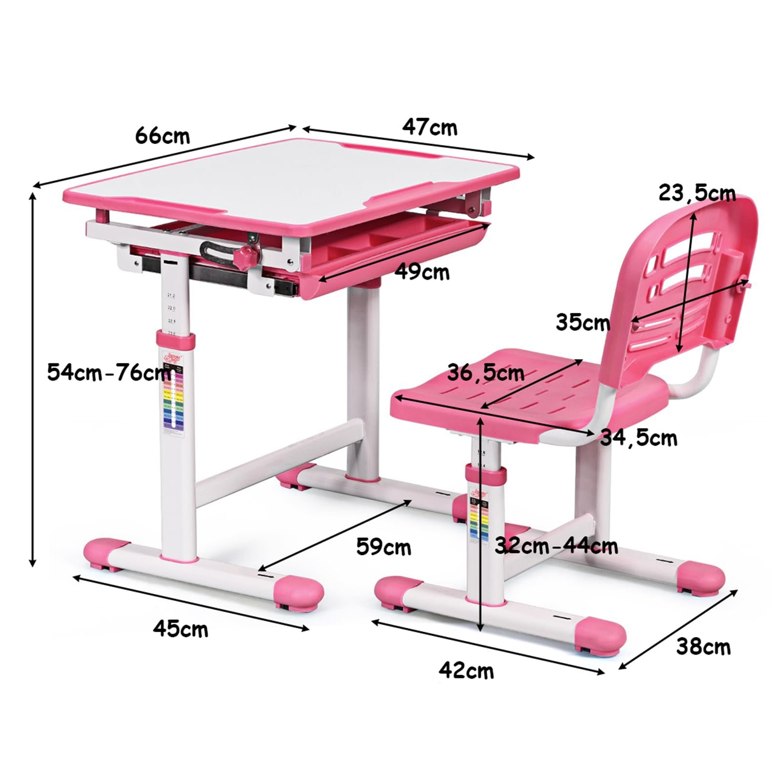 COSTWAY Scrivania per Bambini con Sedia, Tavolo Studio Regolabile in Altezza e Piano Inclinabile, Tavolo e Sedia Ergonomica in Materiali Sicuri per 3-14 Anni (Rosa)