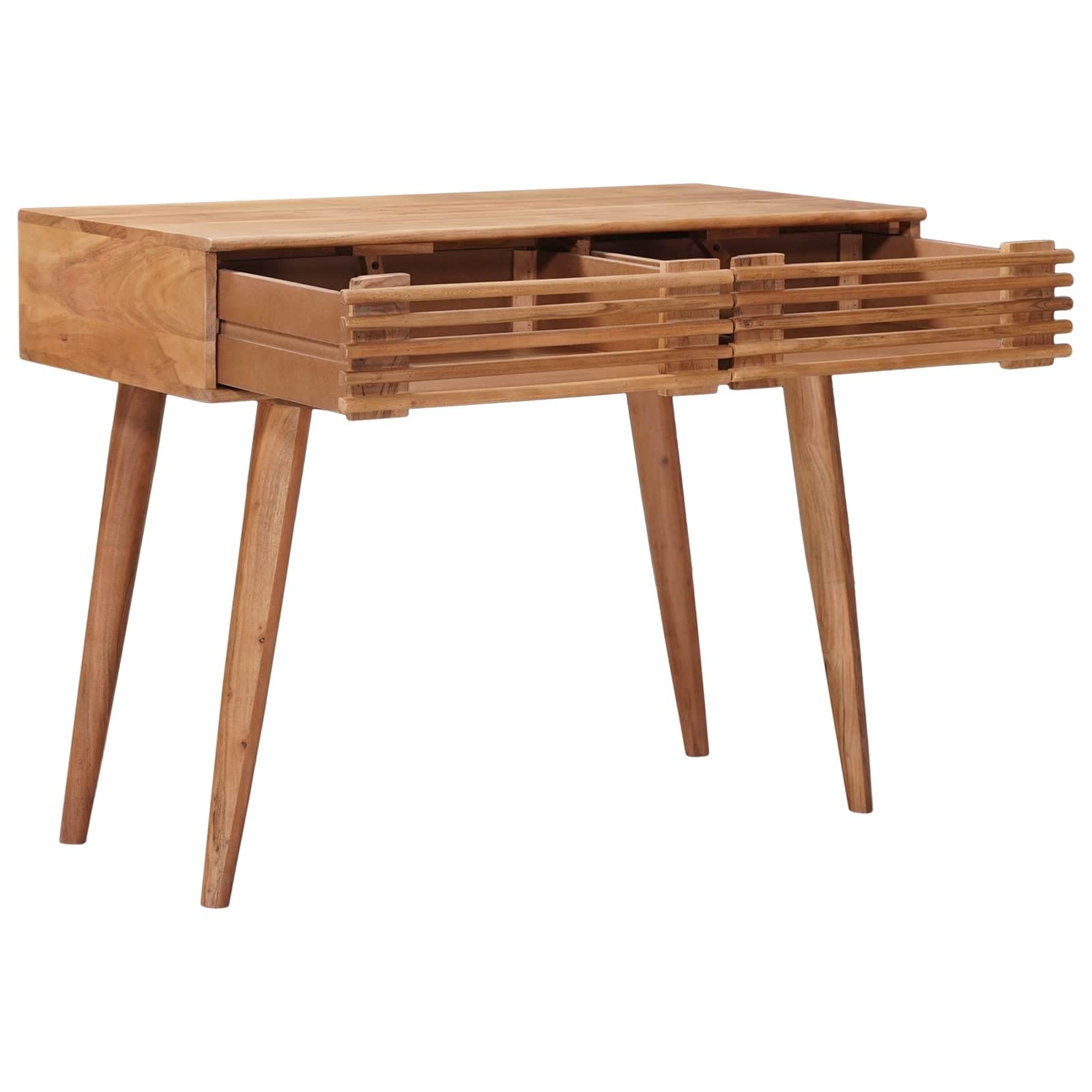 Scrivania fatta a mano in legno di acacia massiccio, marrone teak, 100 x 48 x 76 cm, 2 cassetti, per ufficio, casa, postazione di lavoro, con spazio per laptop