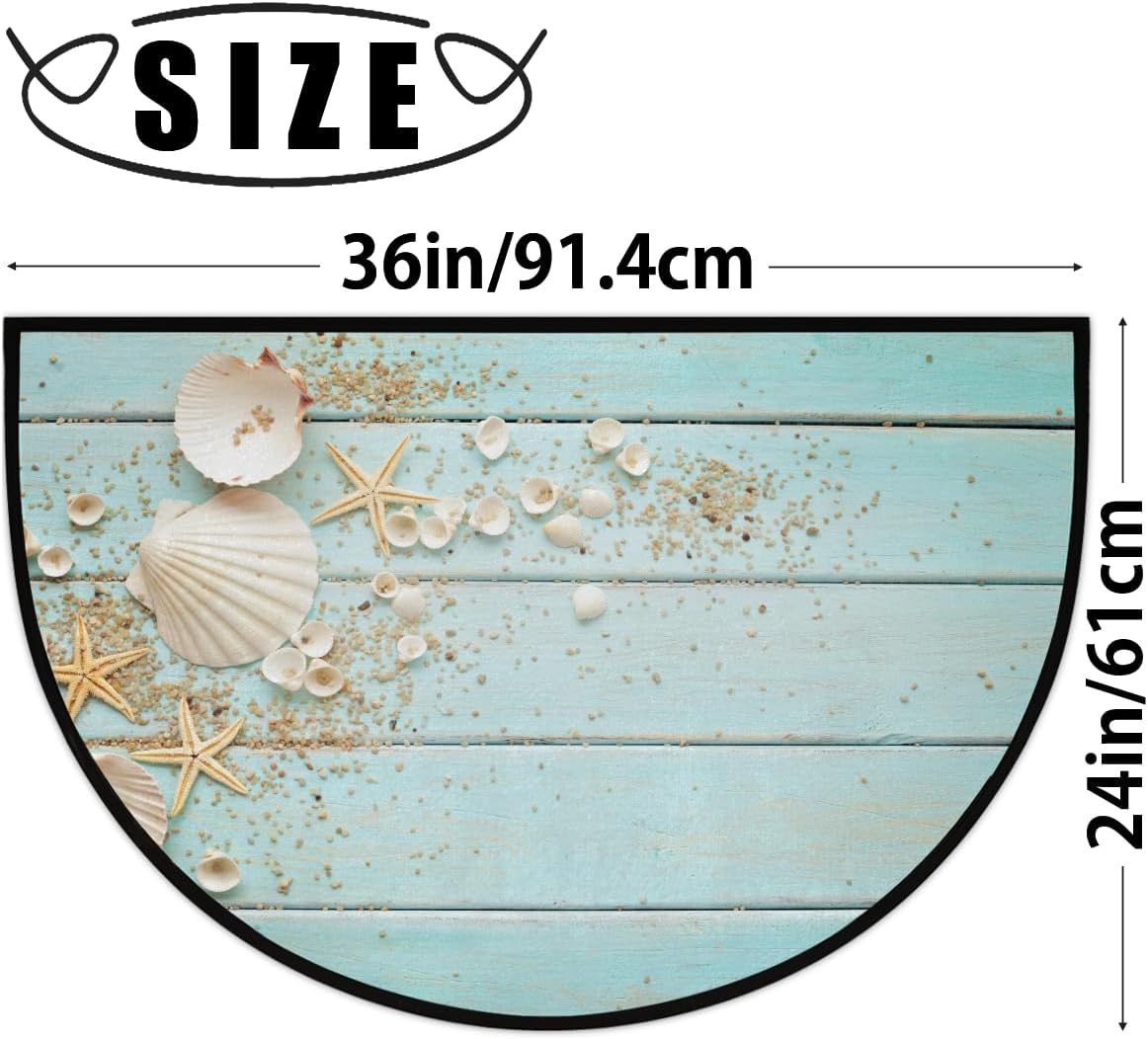 Shell Teal Wood Texture Half Round Door Rug Indoor Entrance Washable Half Circle Area Rugs Non Slip Half Moon Rug Semi Circle Bathroom Mat Floor Carpet for Kithen Bedroom Fireplace Decor