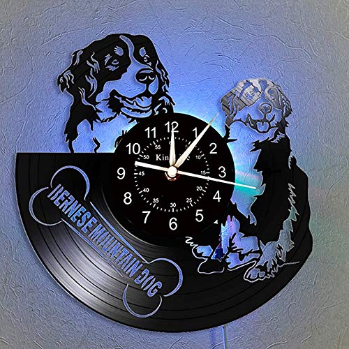 バーニーズマウンテンドッグビニールレコードの掛け時計LEDライト付き 常夜灯付きの素敵なペットの犬のテーマ時計 ユニークな壁の装飾 キッズバースデーギフト7種類のカラーライトを備えた30CMブラックカートゥーンクォーツ時計 (DOG A1 WITH LED