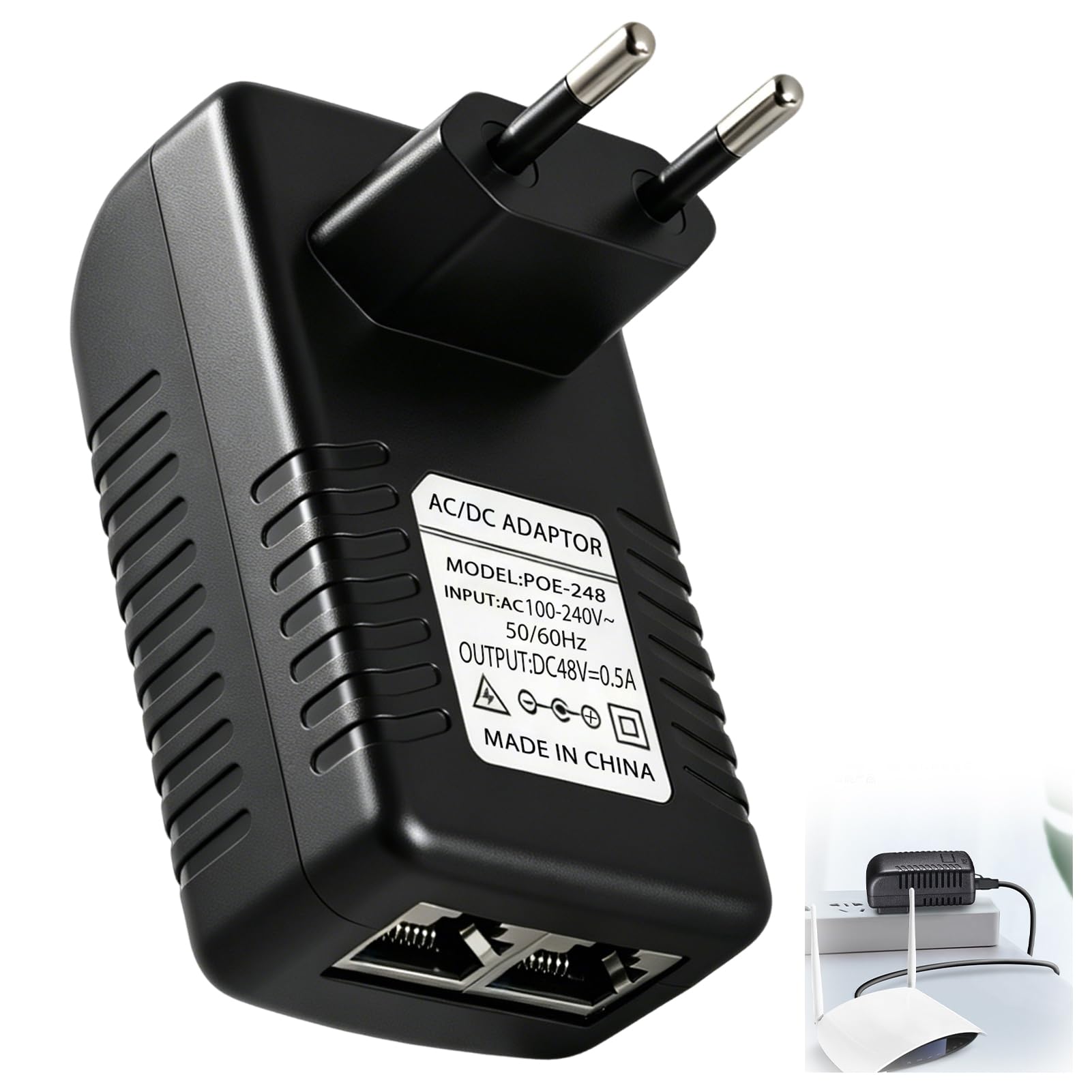 48V 0.5A PoE Adaptateur Injecteur Ethernet, 24W Adaptateur d’Alimentation Ethernet avec Débit 100Mbps et Voyant LED, 48V PoE Injecteur Mural avec Prise EU, pour Caméra IP AP WiFi Téléphone VoIP