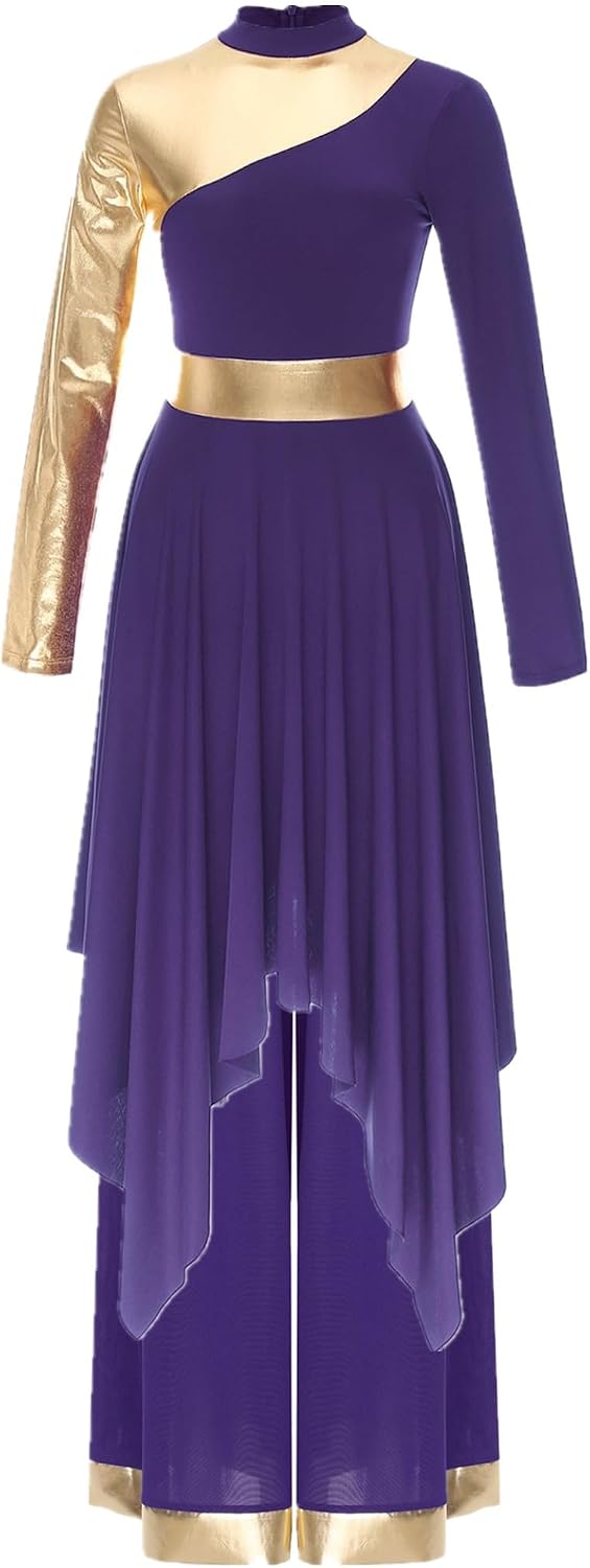Vxuxlje Womens Liturgical Praise Dance Outfist Metallic Trim Long Sleeve Dress with Wide-Leg Pants Purple Medium