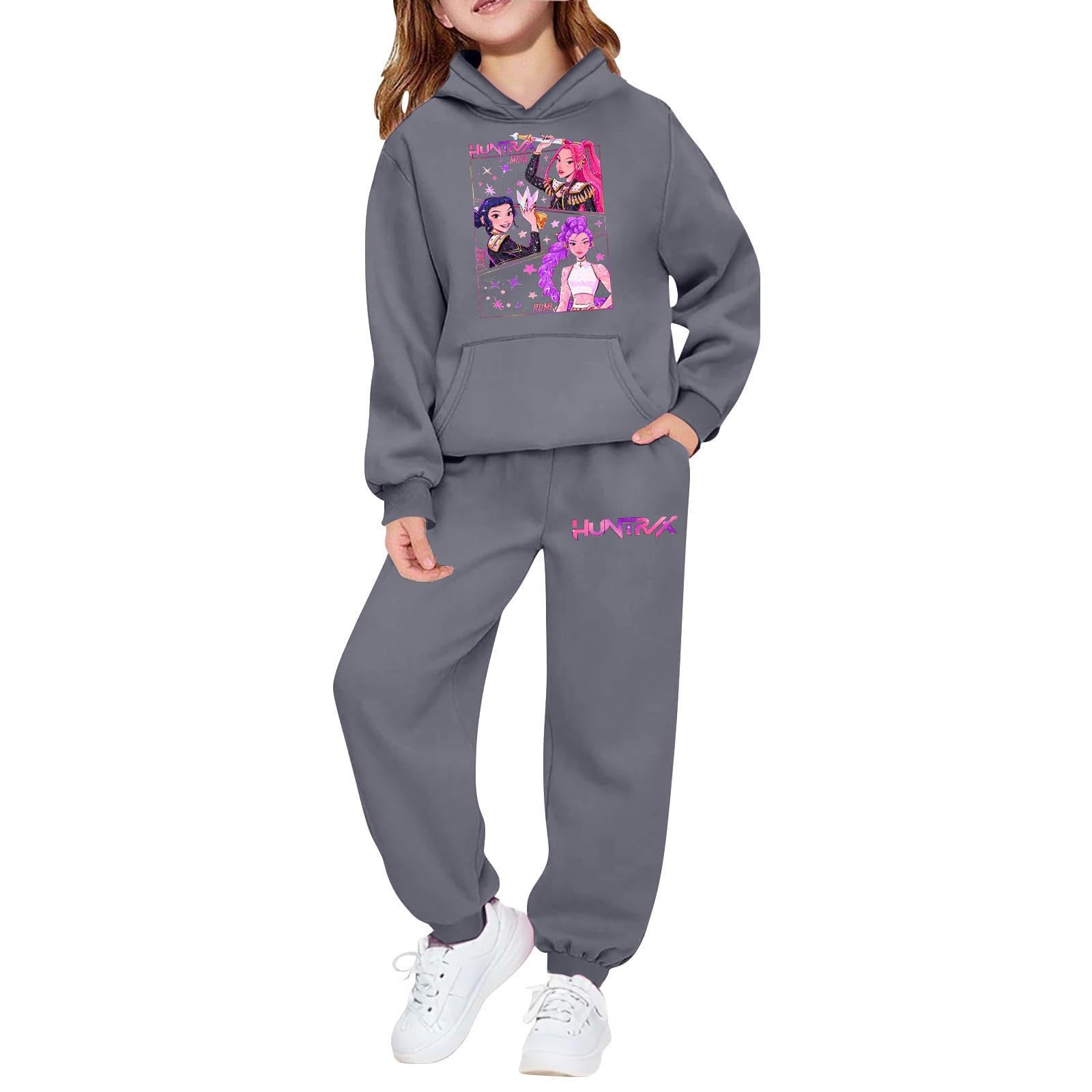 K-K-pop D-Demon H-Hunters 2 Piezas Unisex Niños K-pop Jogging Traje de Ocio Dos Piezas H-Huntrix H-Huntr/X Hip Hop con Estampado Anime Sudadera con Capucha Camiseta Manga Larga Niños Niñas Traje