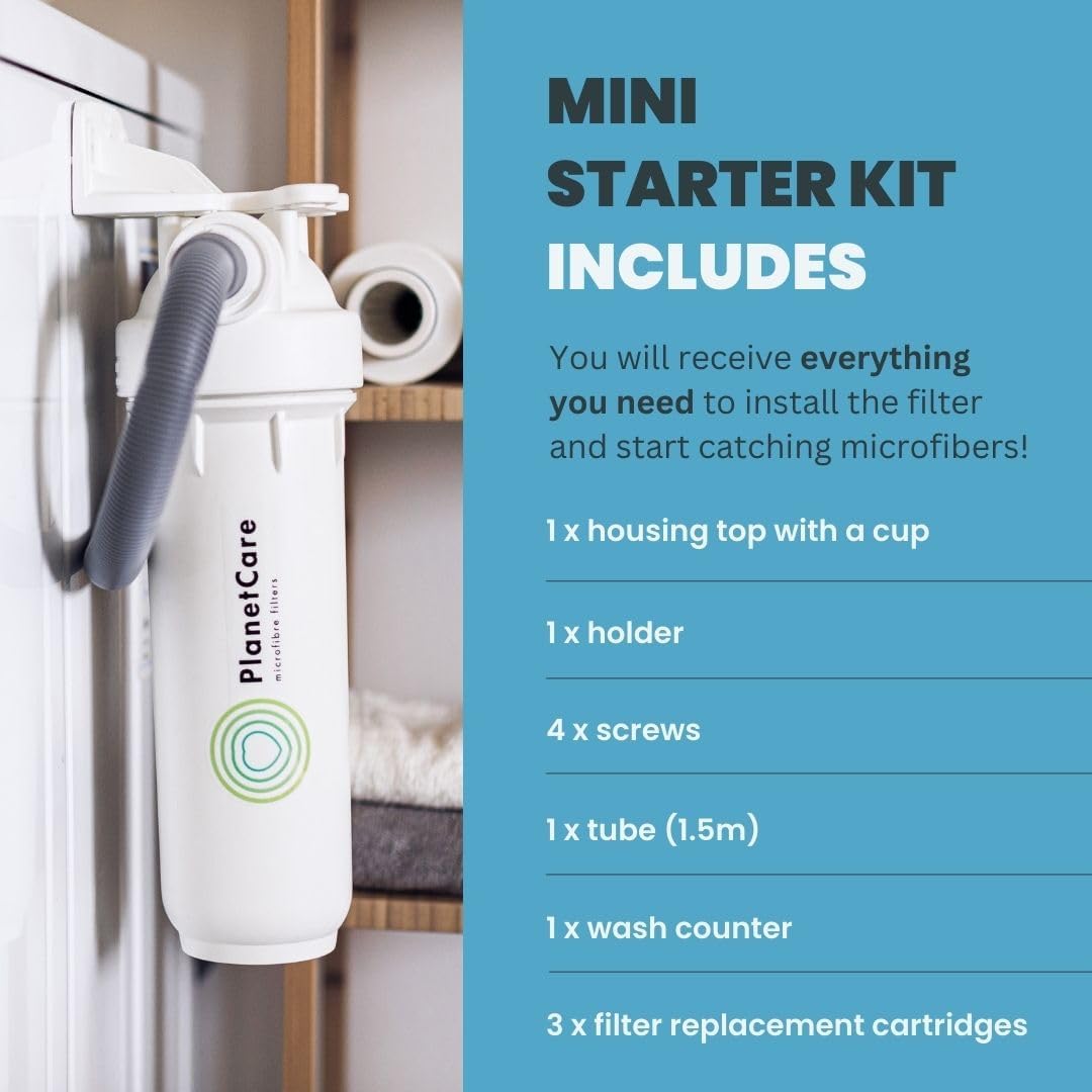 Image showing the Planet Care filter unit installed next to a washing machine, with a list of included items.