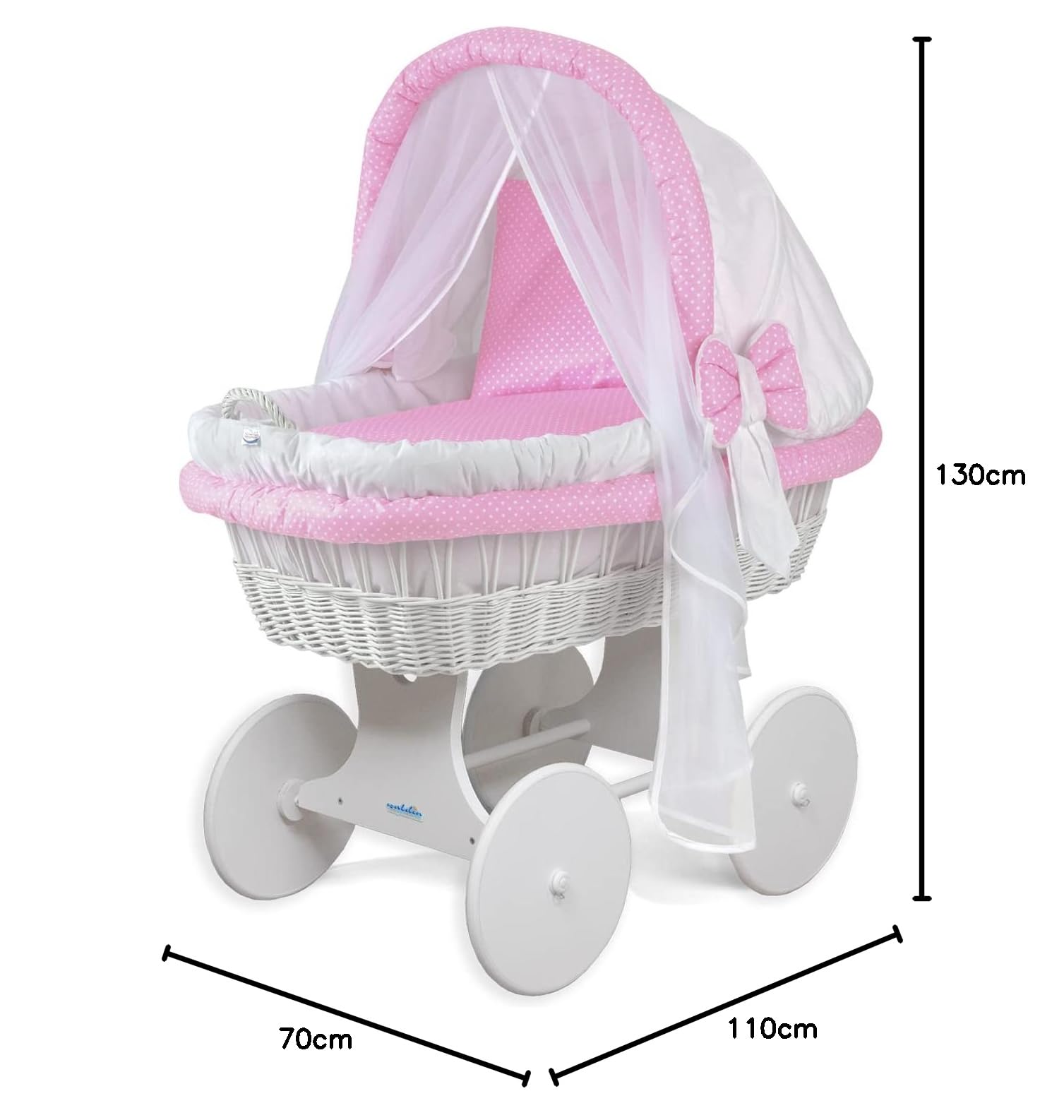 WALDIN Culla con cappotta,Culla con ruote XXL, IN 24 VARIANTI, telaio/ruote laccato in bianco, colore tessile bianco/puntini bianchi su rosa