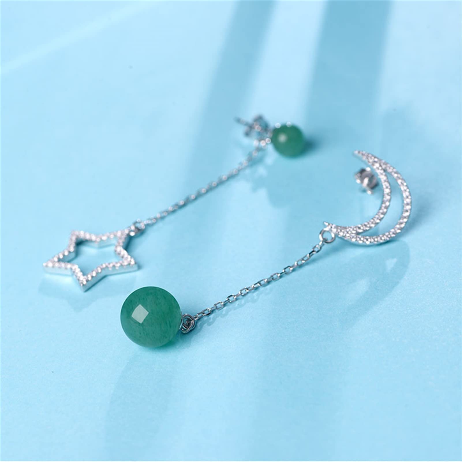 Damskie luksusowe eleganckie długie kolczyki z kamieniami szlachetnymi Gwiazdy i księżyc Asymetryczne kolczyki Moda damska Party Kolczyki Wysokiej klasy kolczyki (Typ klejnotu: Dongling Jade)