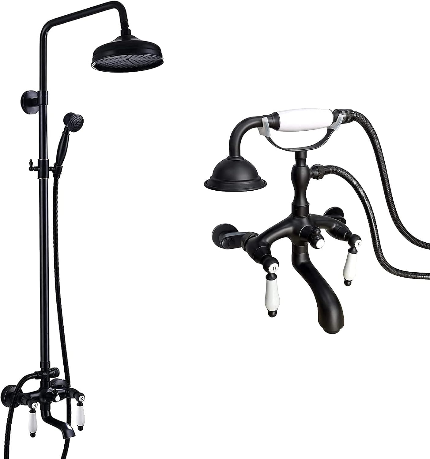 Oil Rubbed Bronze 8’’ Shower Faucet 2 Lever Handle Bathtub Spout 3 Function Bathroom Wall Mount Clawfoot Tub Bathtub Shower Faucet with Hand Shower Sprayer Bronze Telephone Shape