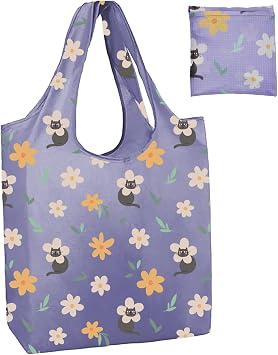 CHARMED AROMA Black Cat Purple Floral Foldable Reusable Shopping Bags | Grocery Bags | Cute Tote Bags with Pockets and Long Handles|