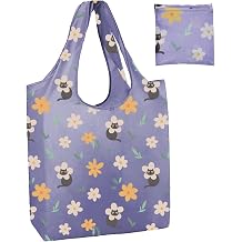 CHARMED AROMA Black Cat Purple Floral Foldable Reusable Shopping Bags | Grocery Bags | Cute Tote Bags with Pockets and Long Handles|