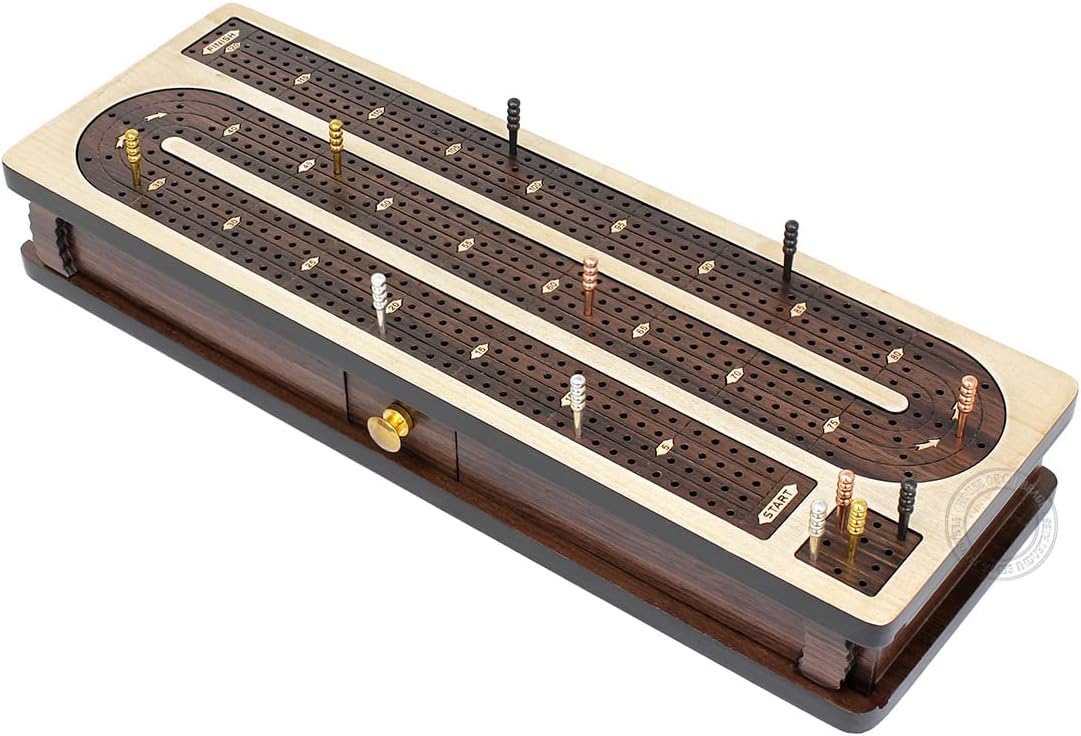 House of Cribbage - Continuous Cribbage Board Inlaid in Maple Wood/Rosewood - 4 Track - Separate Storage Space for Two Deck of Cards & Pegs