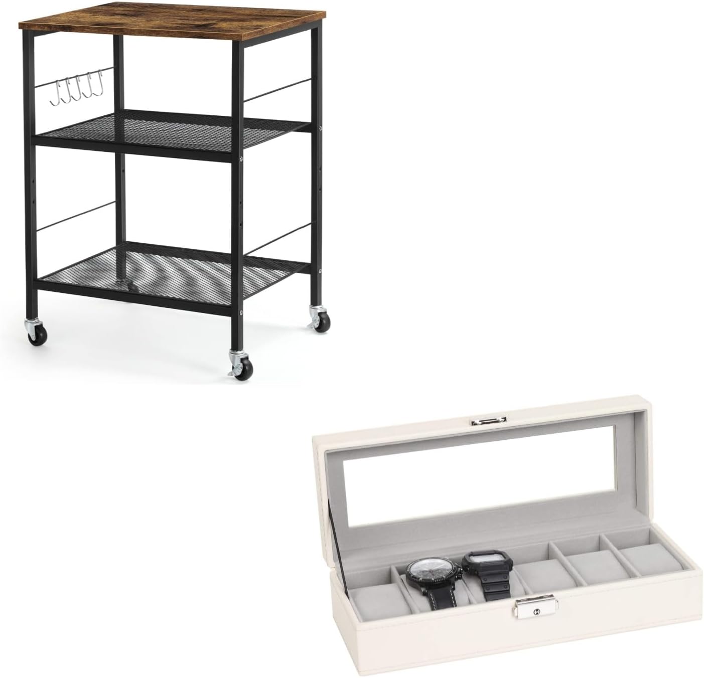 3-Tier Utility Microwave Bar Coffee Cart Kitchen Storage Shelf On Wheels and6 Slot Leather Watch Box Display Case Organizer Glass Jewelry Storage