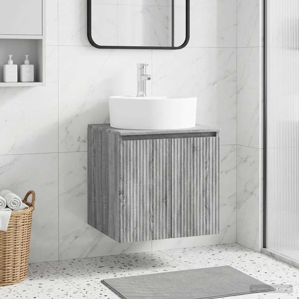 Lavabo de pared Vanity Gris Sonoma de madera 49,5 x 44,5 x 65 cm con lavabo Espacio de almacenamiento debajo del lavabo para baño pequeño