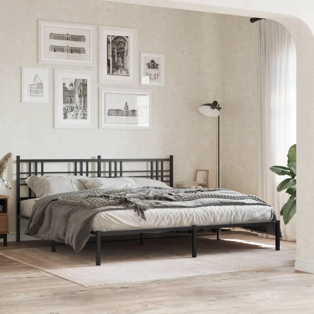 Bed Frame Black Powder-Coated Steel Double Bed Frame Platform Foundation with Headboard Sturdy Heavy-Duty Slatted Storage Modern Minimalist Bedroom Furniture for Mattress Support