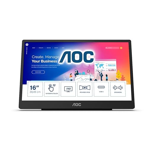 AOC 16T2 15.6" Full HD (1920 x 1080) Touch-Enabled Portable IPS Monitor, USB-C and Micro HDMI inputs, Built-in Battery, Stereo Speakers, SmartCover, AutoPivot, VESA. for laptops, PC, Mac, Consoles