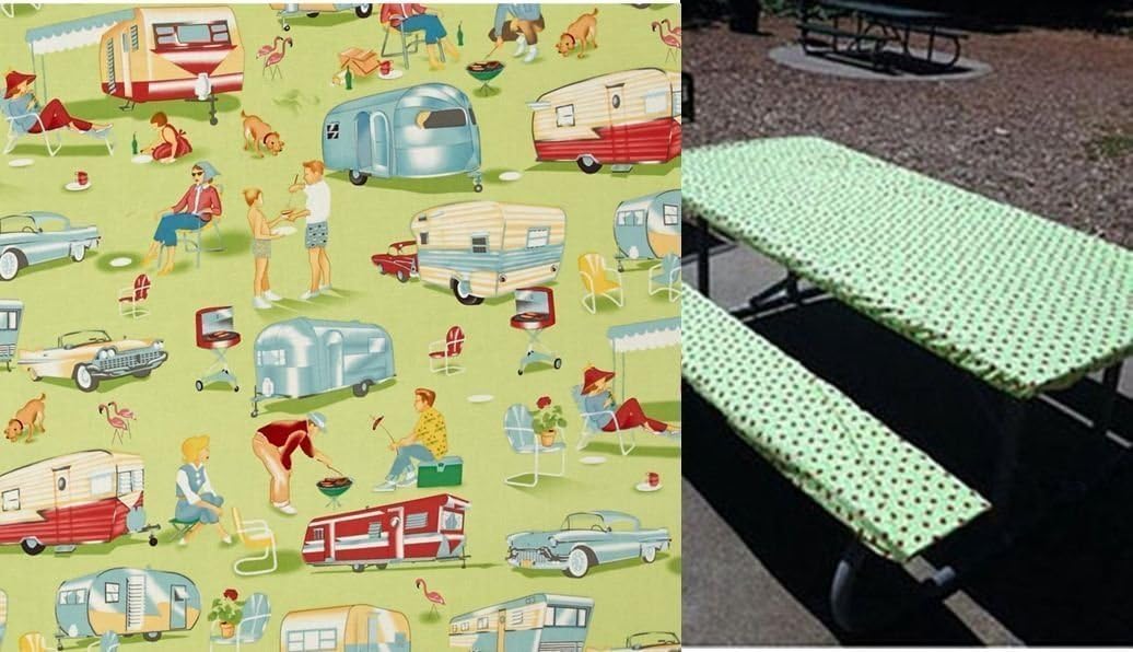 Custom Stay Put Fitted Tablecloth Table Cover for a 6 Ft Picnic Table 3 Piece Set, Table and 2 bench set. Airstream Trailer Travel RV and Tent Camping