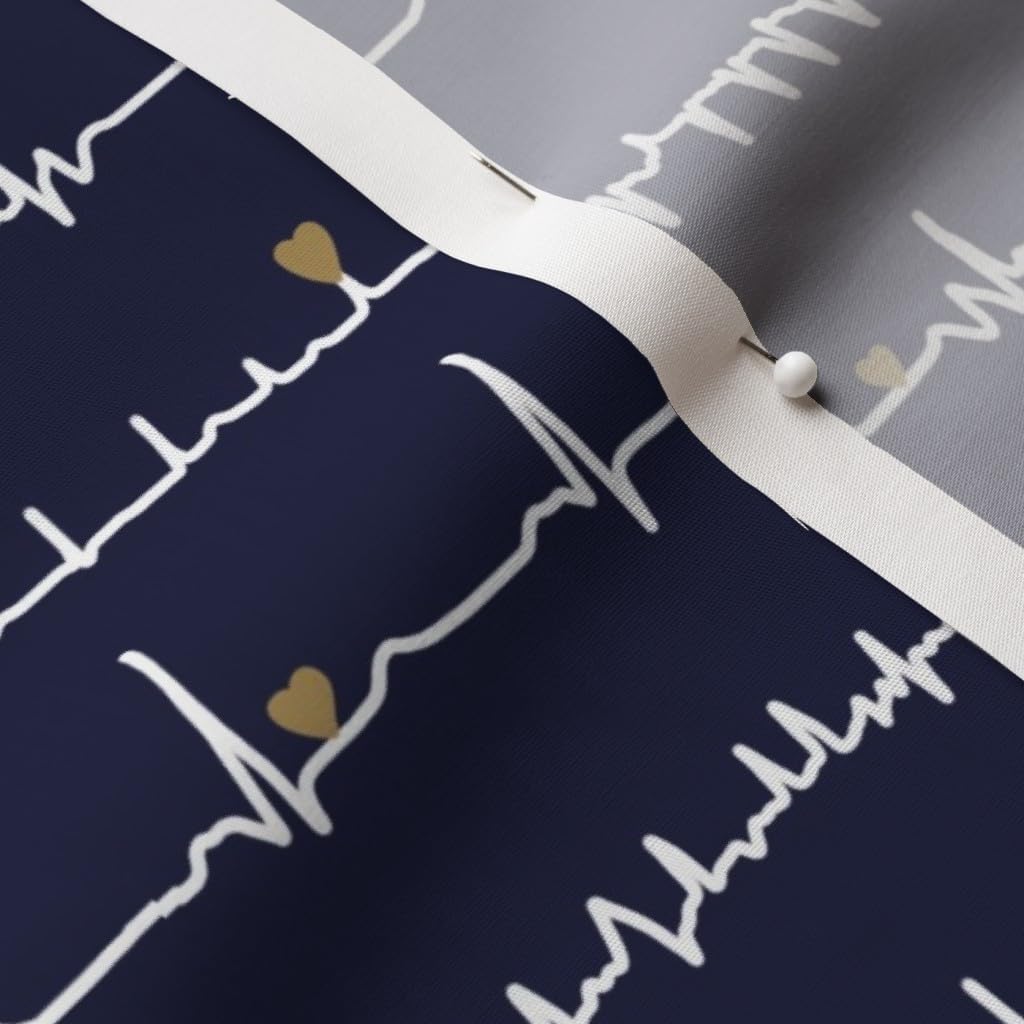 Spoonflower Fabric - Heart Navy White Sketch Medical Nurses Heartbeat Profession Doctor Printed on Cotton Poplin Fabric by The Yard - Sewing Shirting Quilting Dresses Apparel Crafts
