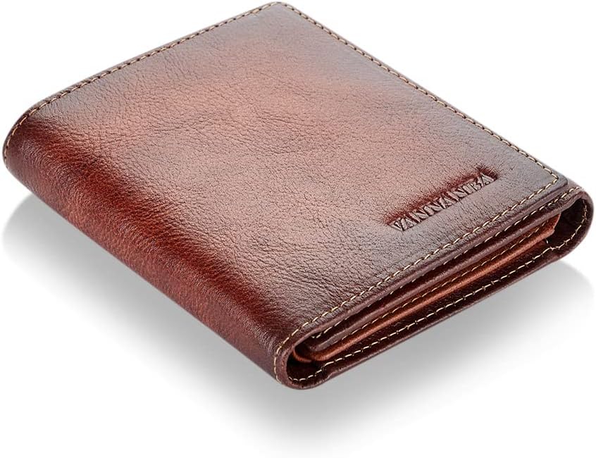 VANNANBA Men's Genuine Leather RFID Trifold Wallet - Slim Card Holder With ID Window