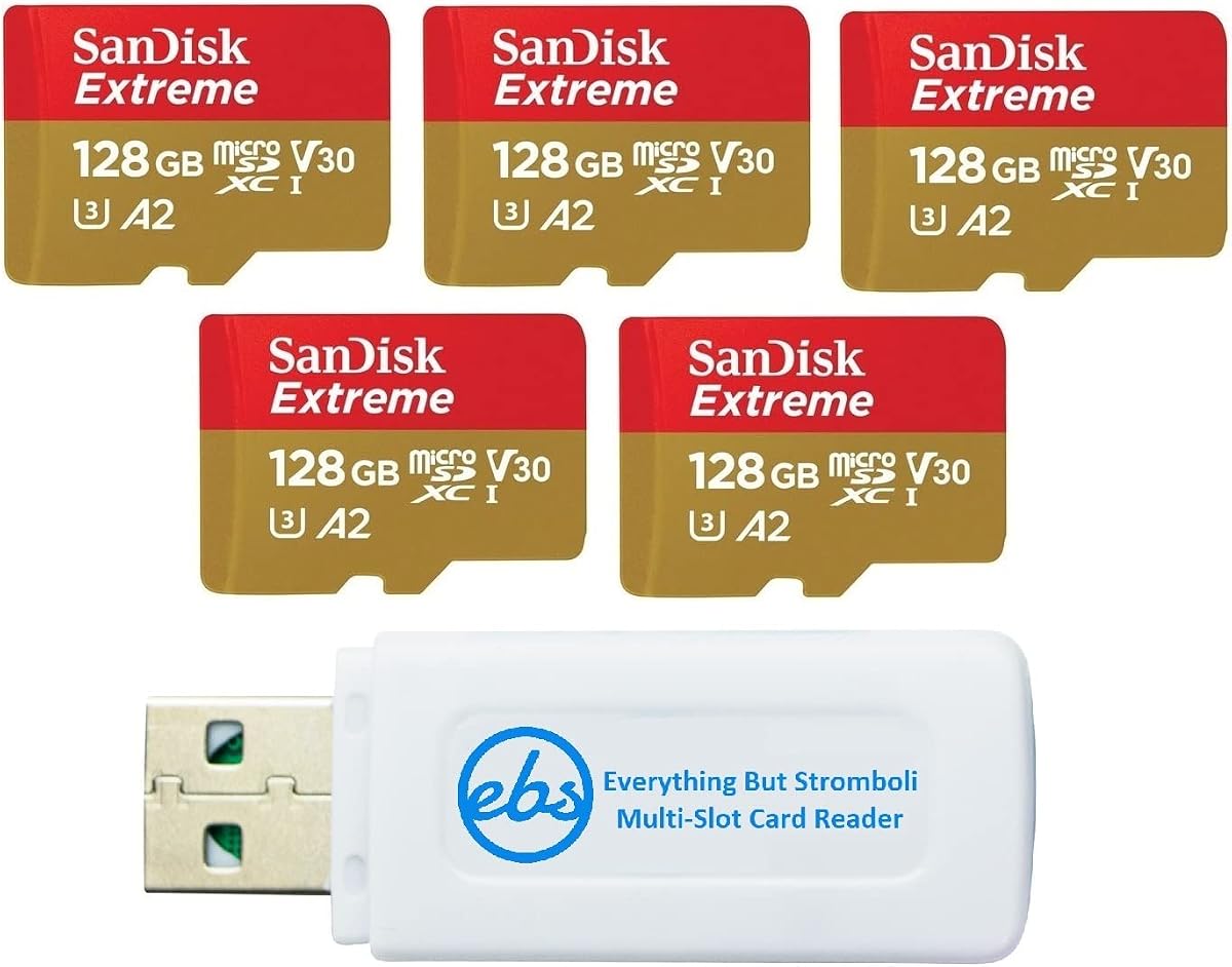 SanDisk 128GB Extreme MicroSD (5 Pack) Memory Card for DJI FPV Drones | (SDSQXAA-128G-GN6MN) Class 10 4K V30 UHS-I U3 A2 SDXC Bundle with (1) Everything But Stromboli MicroSD and SD Card Reader