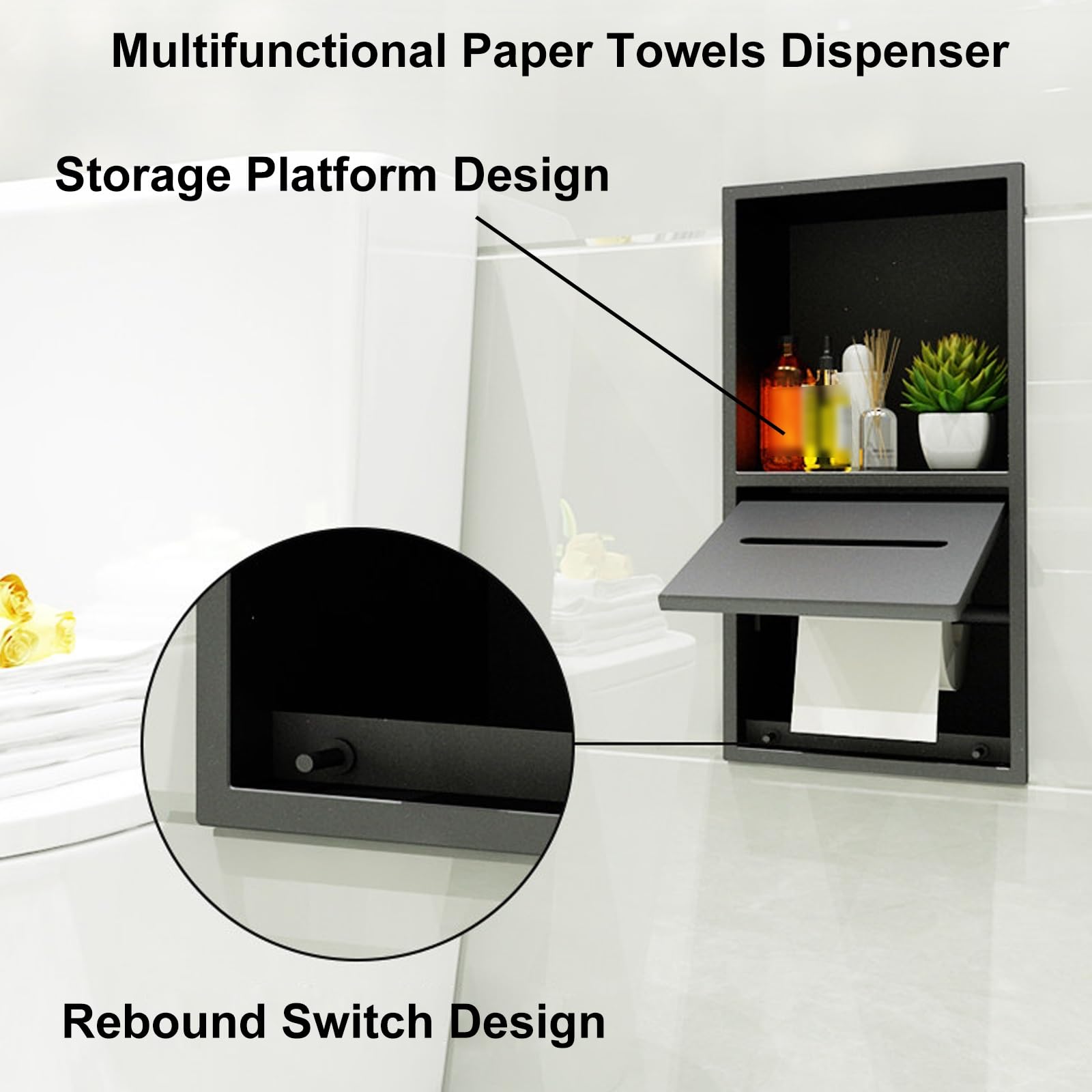 Dispensador de Toallas de Papel Empotrado, Dispensador Papel Secamanos de Acero Inoxidable 304 con Plataforma de Almacenamiento para Uso Comercial y Doméstico(Gray)