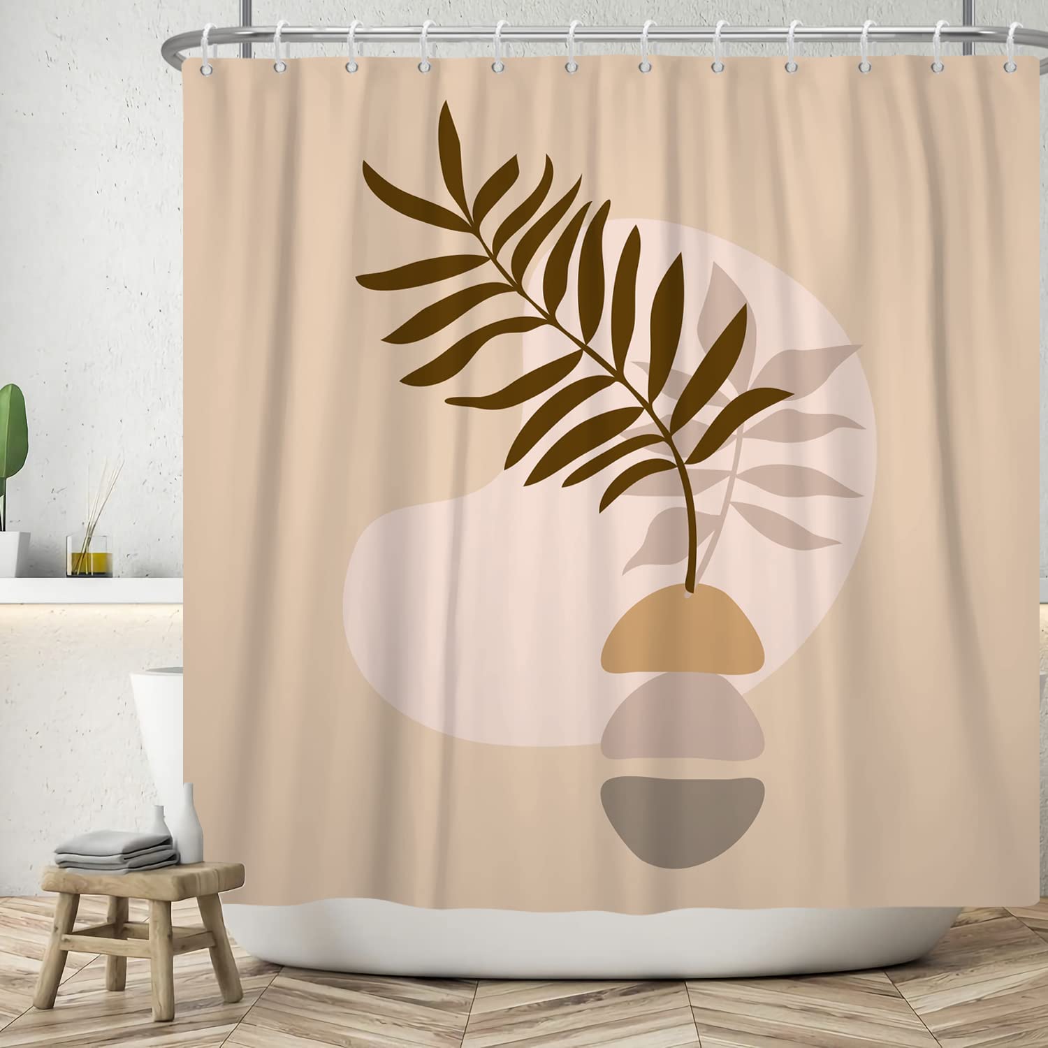 ASDCXZ Cortina de Ducha Boho 180x200 cm, Abstracto Moderno Boho Hojas Marrones Beige Cortinas de Ducha Lavables baño Tela de Cortina Ducha Impermeable con 12 Ganchos