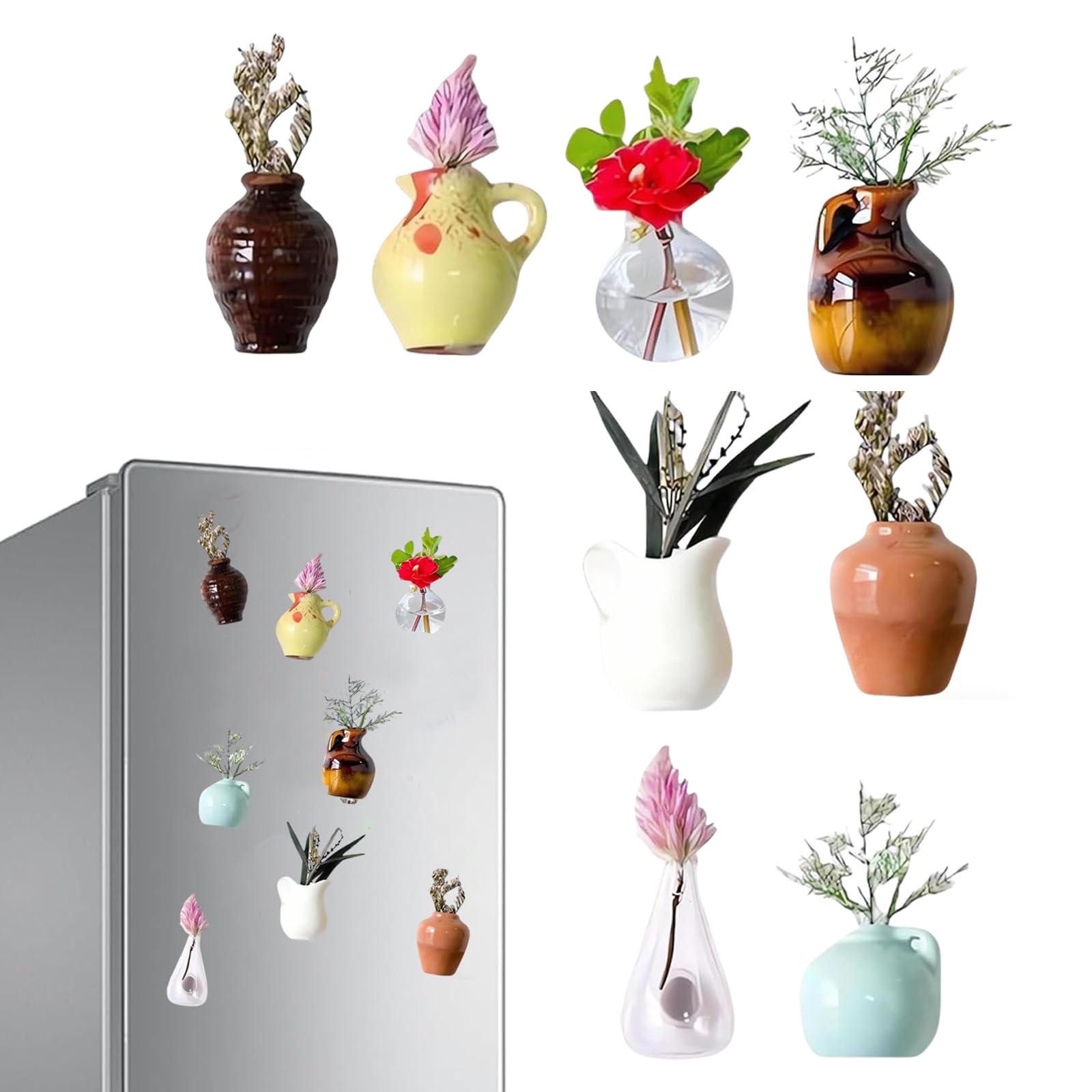 Ohphnt 8Pcs Mini Vase Fridge Magnets,Mini Fridge Magnet Vases,Magnetic Vase For Fridge |Small Plant Vase Refrigerator Magnets,Funny Magnetic Flower Vases 3D Plant For Locker Office Decoration