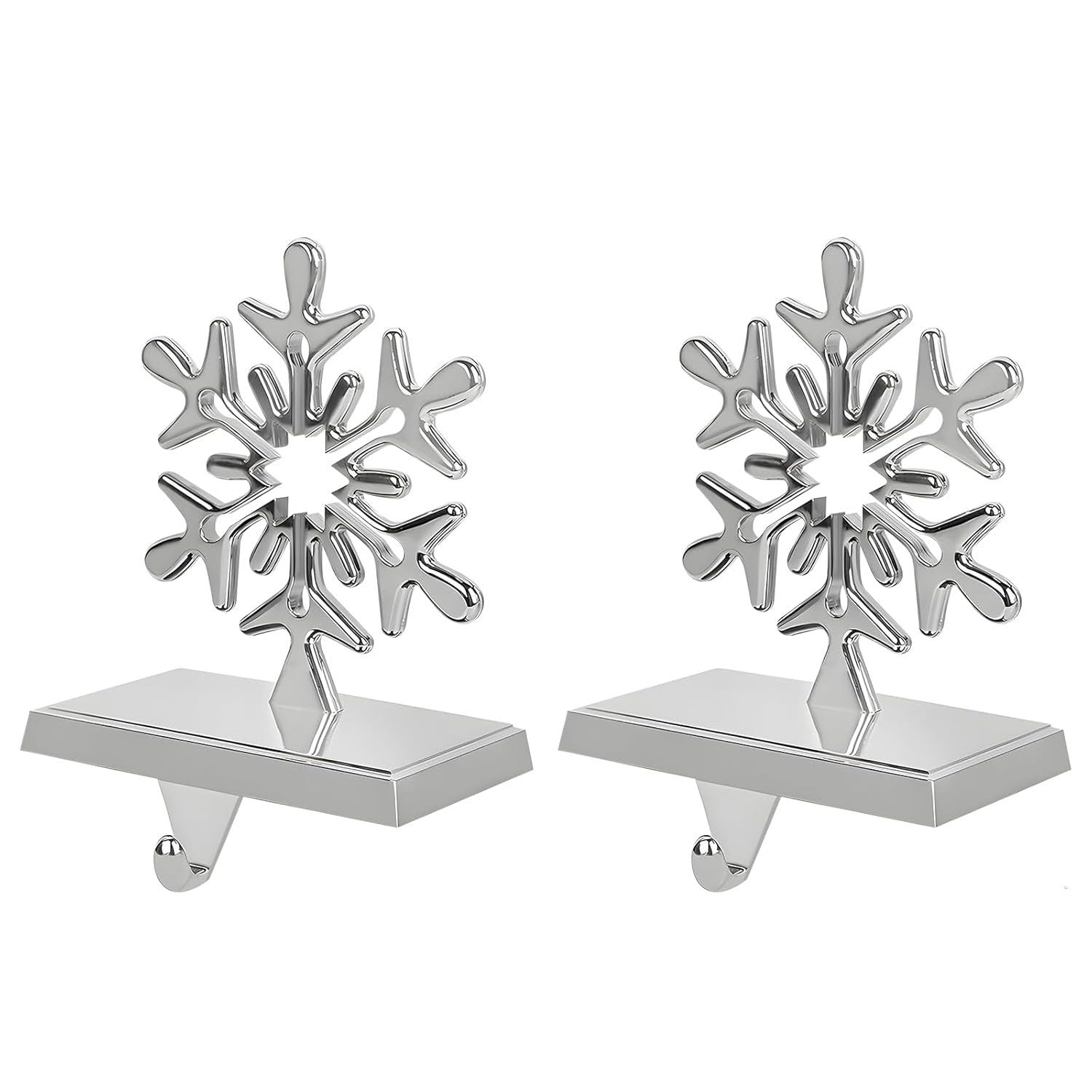 LATERN 2Pcs 3D Snowflake Christmas Stocking Holders, 17CM x 12CM Metal Christmas Stocking Hanger Non-Slip Gift Hook for Christma Fireplace Mantel Window Home Xmas Party Decor (Silver)