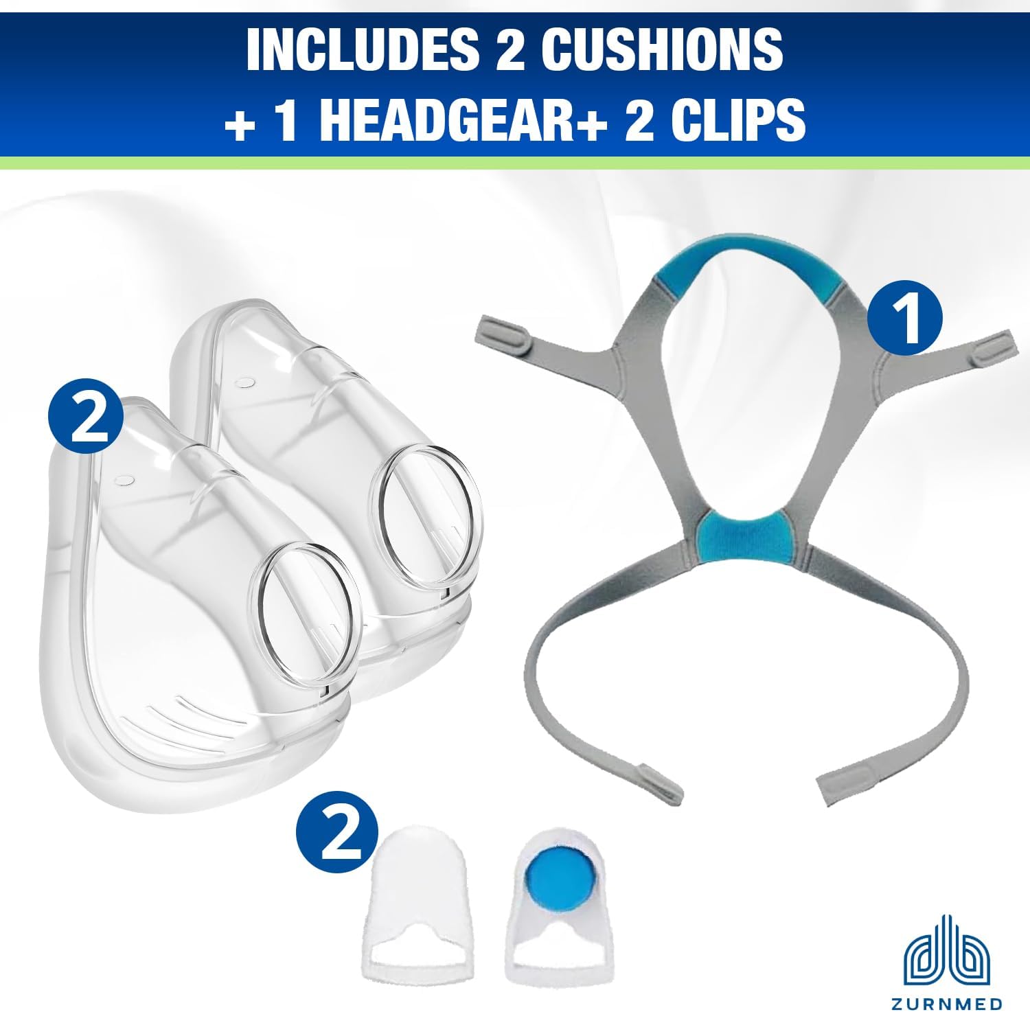 ZURNMED® Complete Replacement Bundle – 2 Cushions & Adjustable Headgear with Clips – Compatible with AirFit & AirTouch F20 Masks – Soft, Durable, Leak-Resistant, Latex-Free Silicone (Medium)