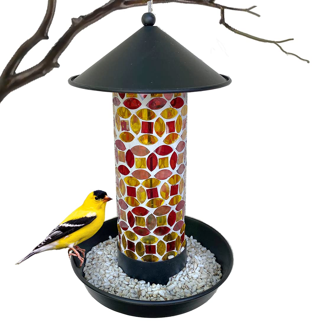 Lily's Home Mosaic Glass Hanging Bird Feeder for Outside Wild Birds. with Short Perches for Small to Medium Birds. Deter Grackles, Dove and Blackbirds - Cardinal Feeders for Outdoors. Outdoor Decor