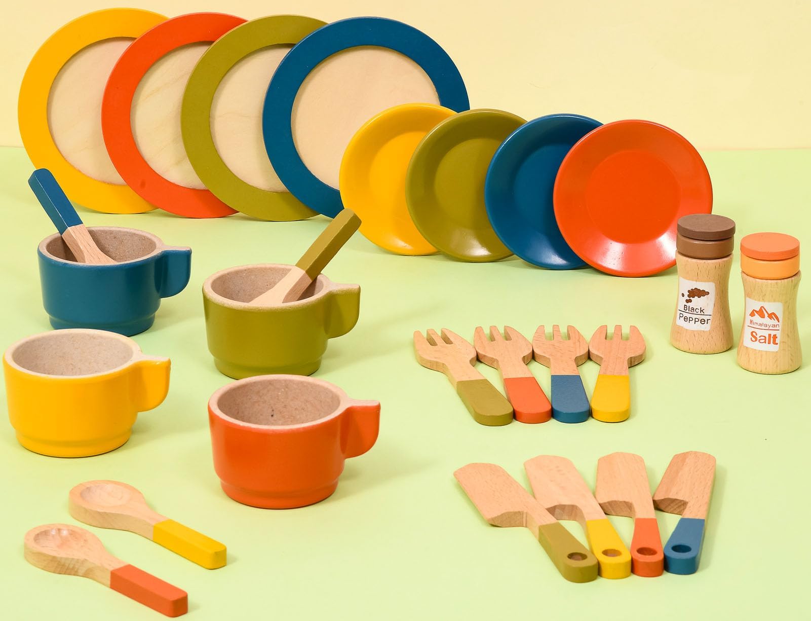 Atoylink Kinderküche Zubehör Holz Geschirr, 26Pcs Puppengeschirr Teller und Küchenutensilien Geschirrset Spielküche Küchenzubehör Kinder Holzspielzeug Geschenk für Mädchen Jungen 3 4 5 6 7 8 Jahre