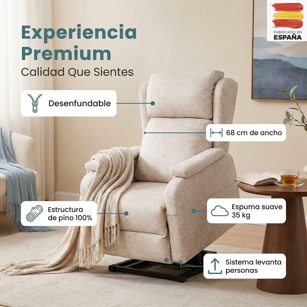 HOME&SOFAS SI | Sillón Relax Reclinable Eléctrico Levanta Personas | Modelo Mónaco | Sillón De 68 Cm De Ancho | Sillón Desenfundable con Reposapiés para Una Lectura Cómoda | Color Beige Claro