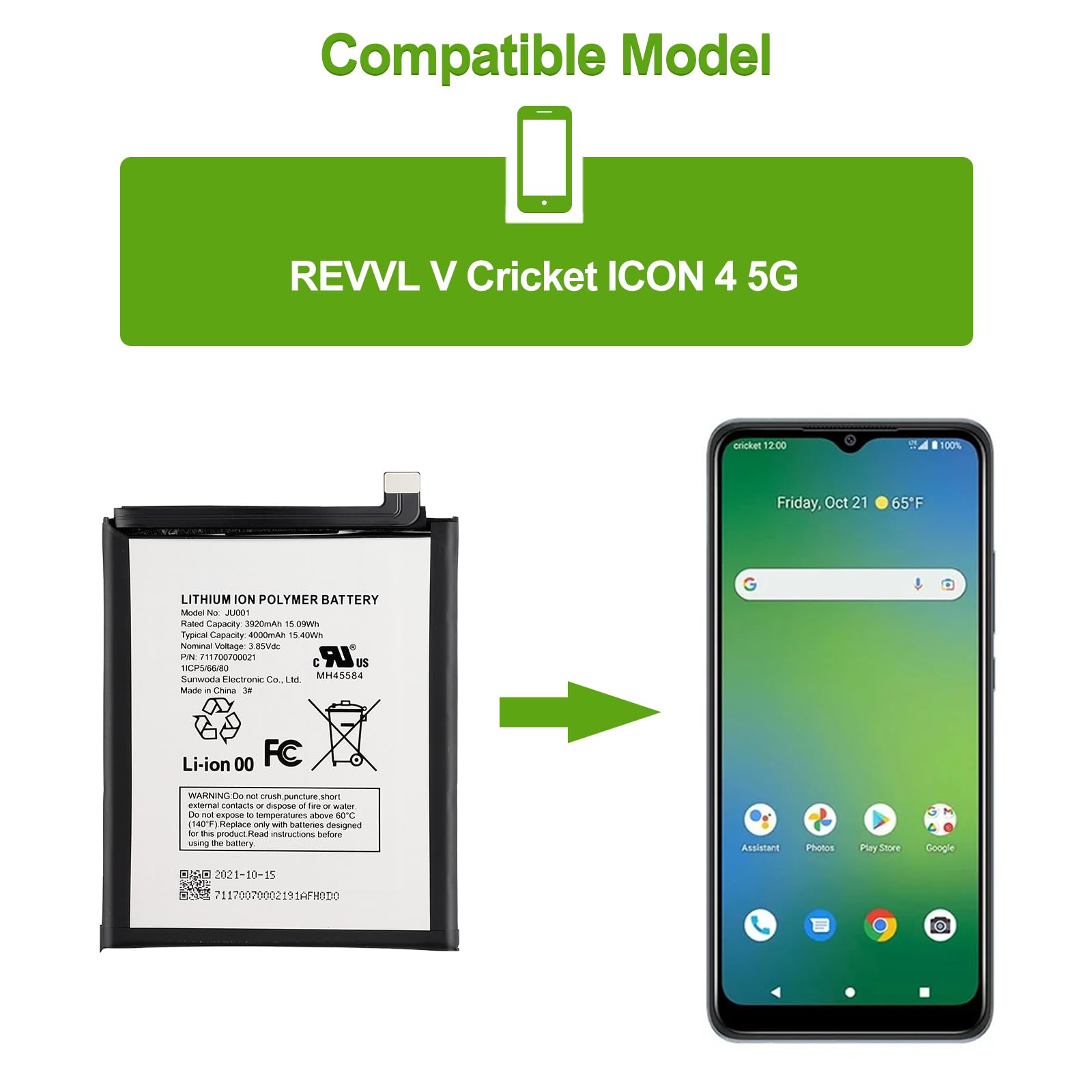 SwarKing Replacement Battery JU001 Compatible with Revvl V/Revvl V 4G / Boost Celero 5G/Cricket ICON 4 5G with Tools