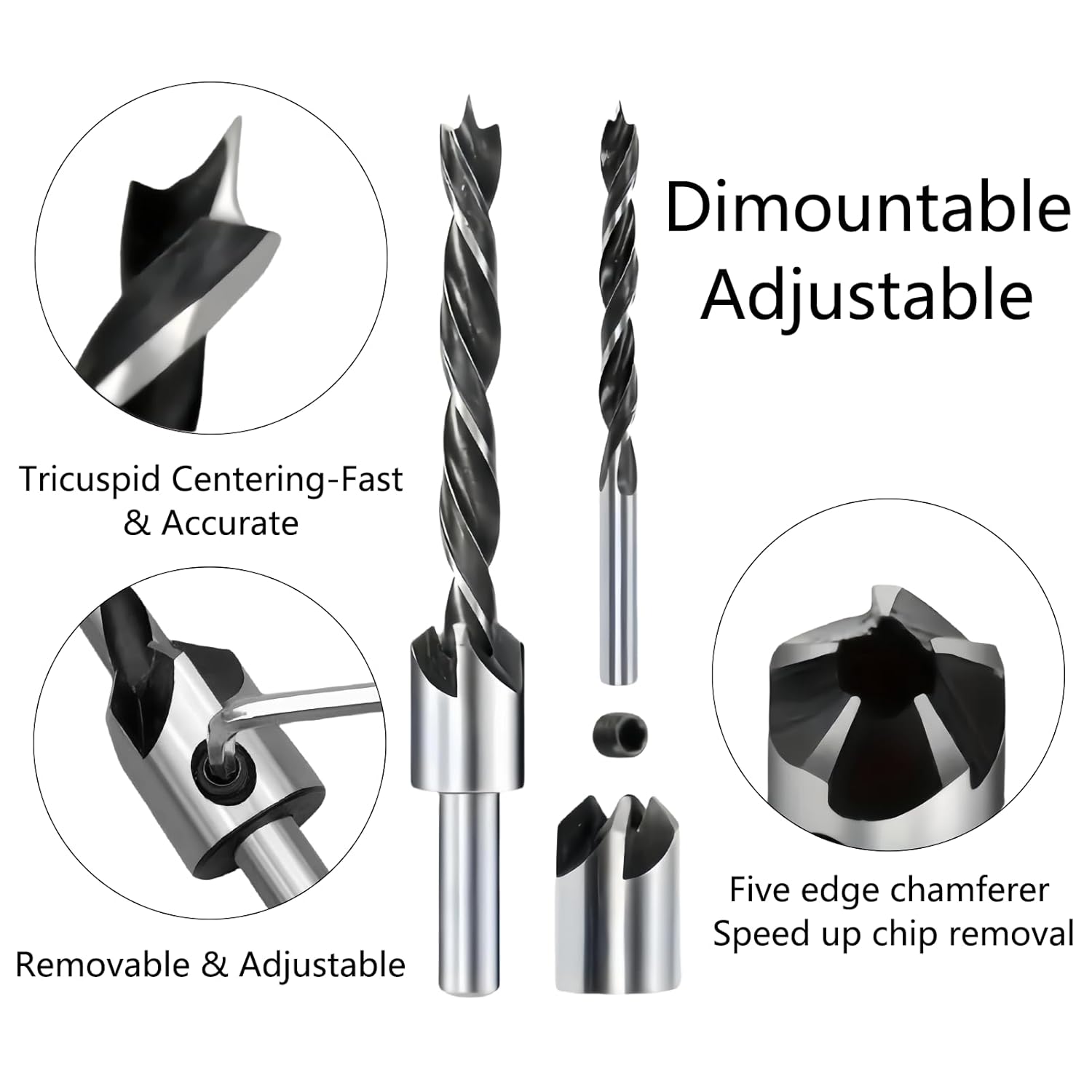 Countersink Drill Bit Set for Wood and Plastic, 8 Pieces, HSS with Hexagonal Wrench