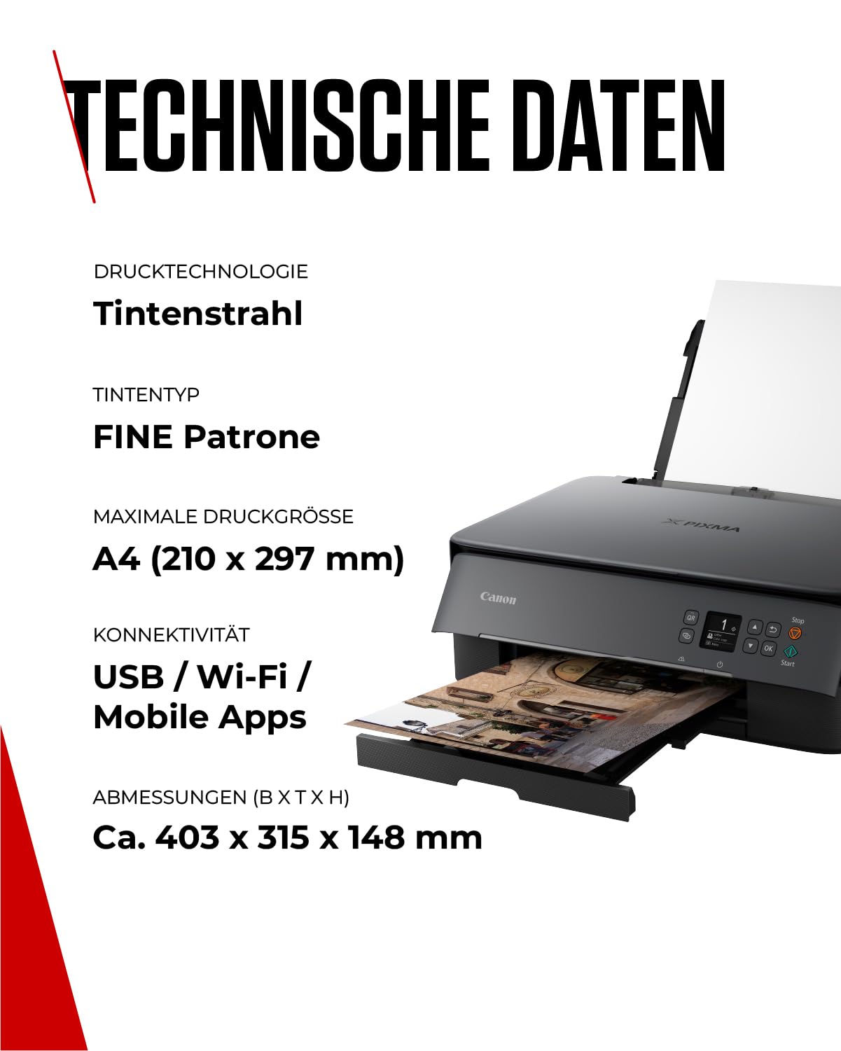 Canon PIXMA TS5350i Multifunktionsdrucker 3in1 (Tintenstrahl,Drucken, Kopieren, Scannen, A4, 3,7 cm OLED, WLAN, Duplexdruck, 2 Papierzuführungen, kompatibel mit Pixma Print Plan ABO) Schwarz