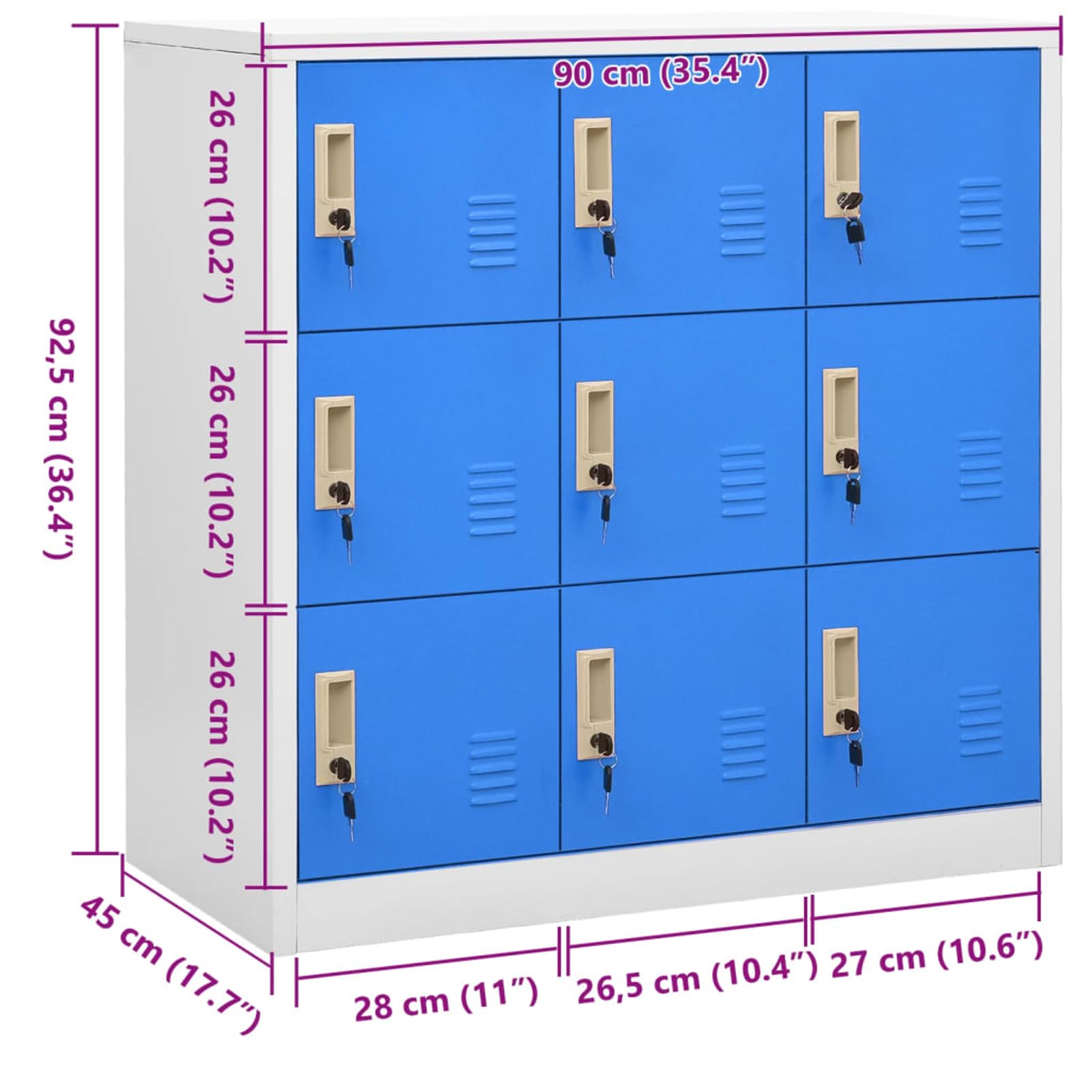 Armadio a 9 scomparti, in acciaio, grigio chiaro/blu, 90 x 45 x 92,5 cm, per ufficio e scuola, pratico armadio portaoggetti