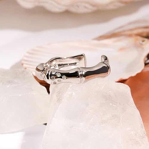 Miniatura 2 de Womens Gold Plated Adjustable Open Ring Cubic Zirconia Handmade Rings Bamboo Style Stackable Rings Halloween Christmas GiftsSilver