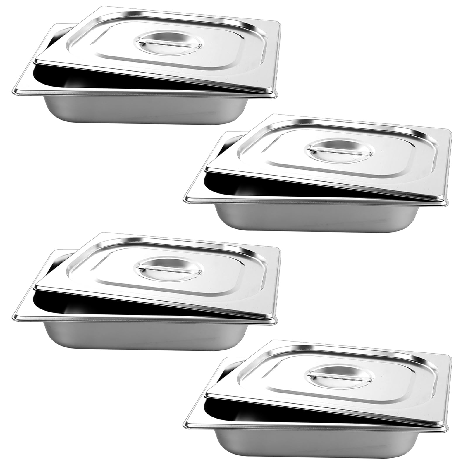 Paquete de 4 sartenes Gastronorm de 1/2 con tapas, 325 x 265 x 65 mm, recipientes de acero inoxidable para alimentos, 6,5 cm de profundidad, 1/2 GN, bandeja para cocina, hotel, restaurante