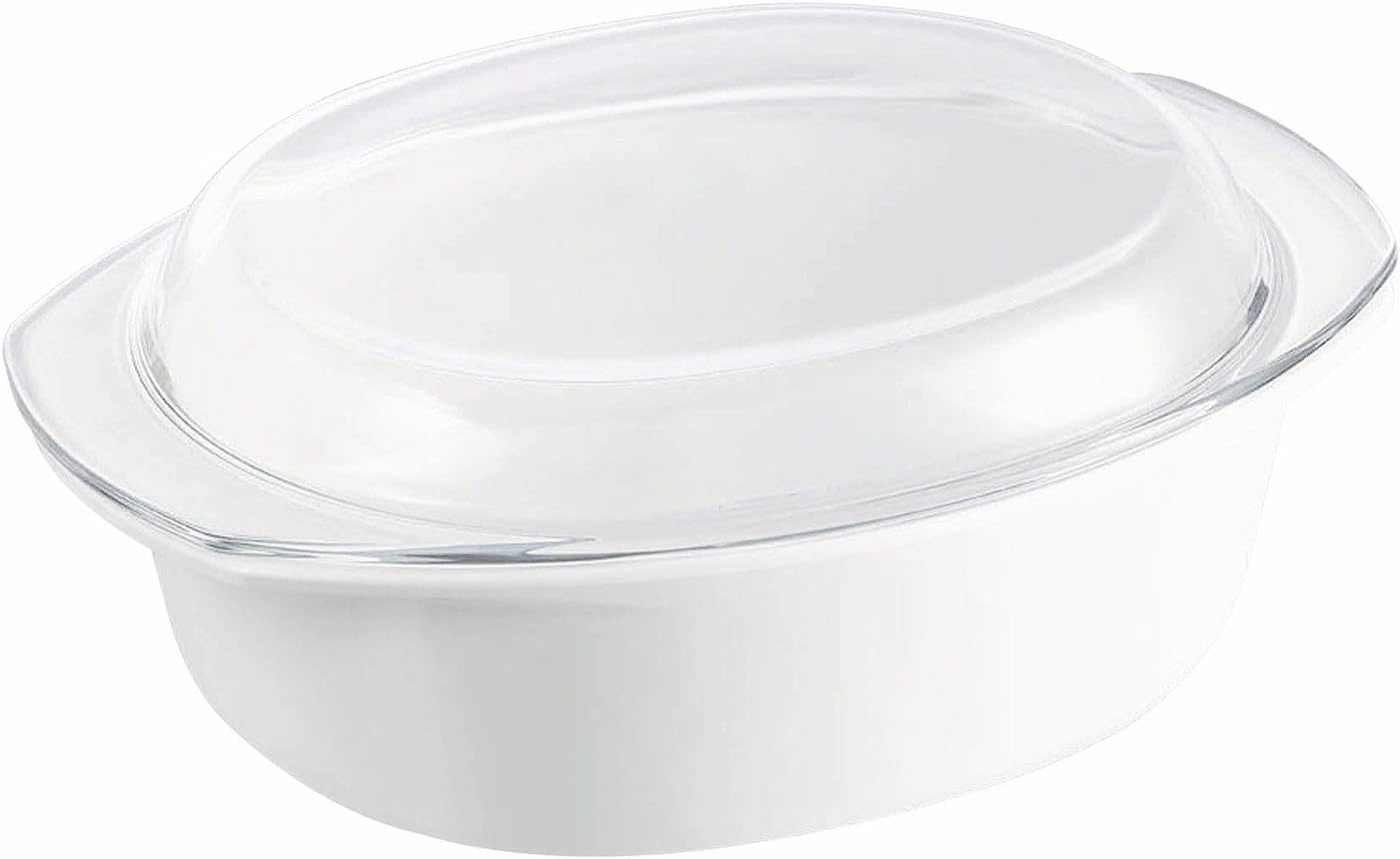 Pyroflam Vitro Ceramic Oval Casserole with Borosilicate Clear Glass Lid, White, 3.5L