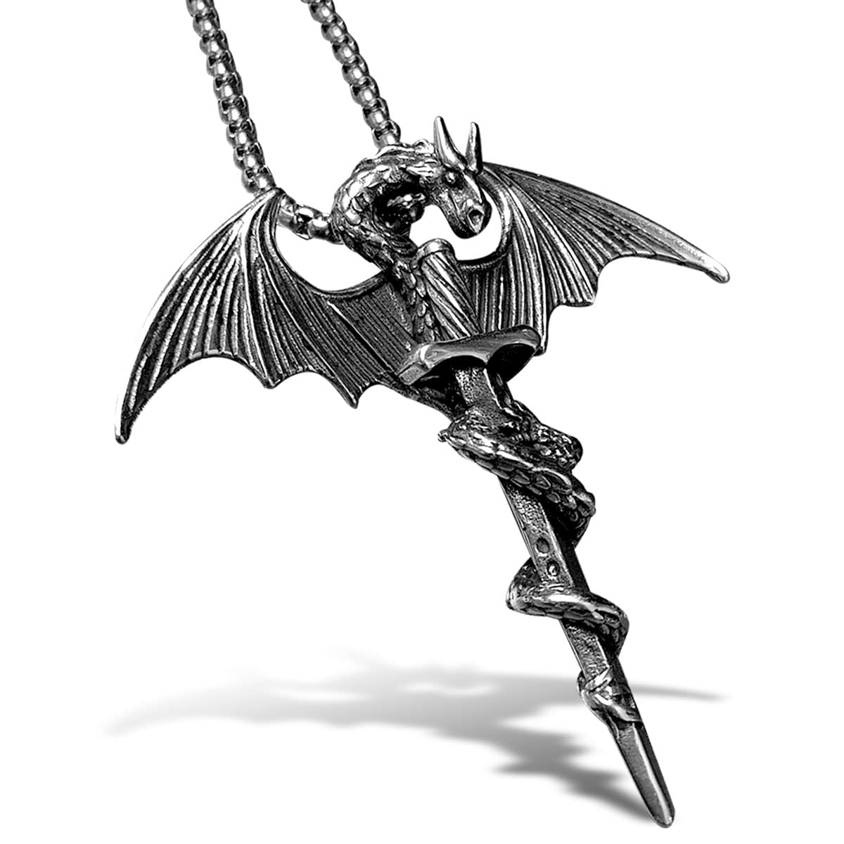 bahamut Herren-Halskette mit Drachen-Schwert-Anhänger für Herren, Edelstahl, Gothic, Vintage, cooler Schmuck mit Kette