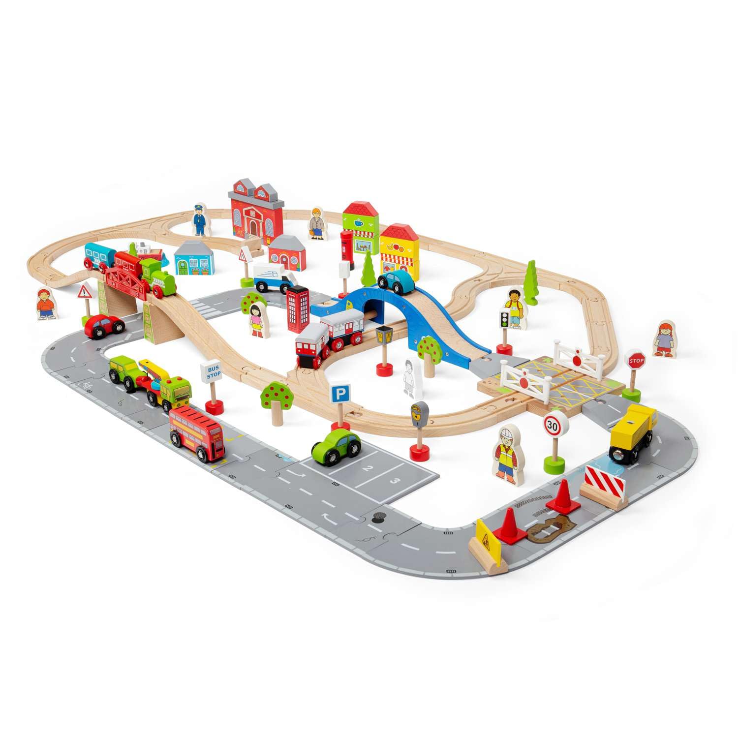 Bigjigs Rail City Road and Railway Set | Wooden Railway Playset | 105 Piece Track & Accessories with Roadway, Station, Cars, Level Crossing & Boat | Classic Train Toy for Kids, Boys & Girls Age 3+