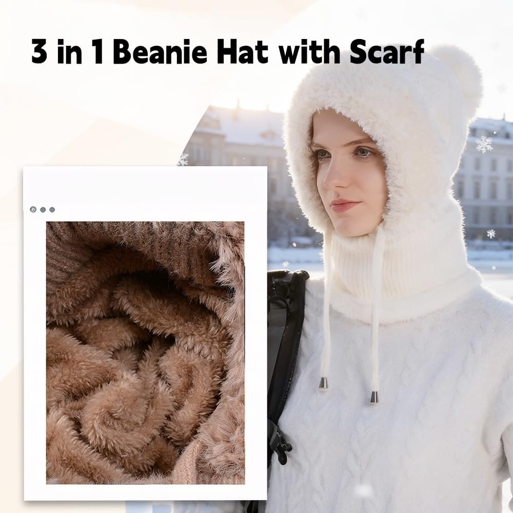 3 in 1 Beanie Hat with Scarf and Mask, 3 in 1 Beanie Hat for Women Fall Winter Warm Knitted Windproof Balaclava Scarf