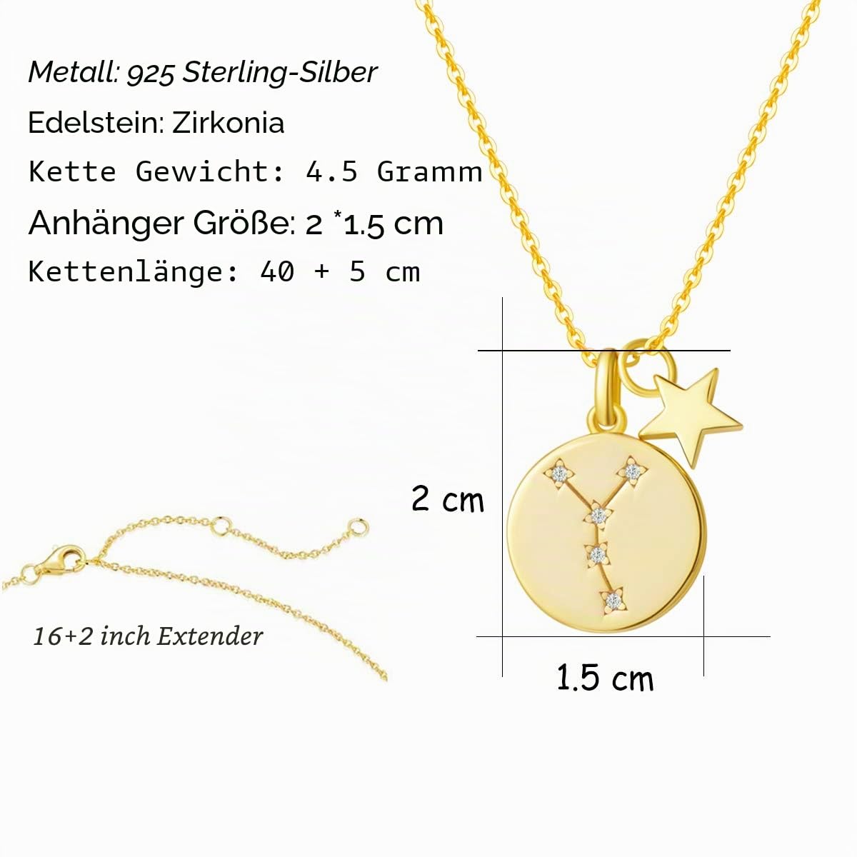Sternzeichen Kette aus Solide 925 Sterling Silber mit Gold Vergoldet 15mm Durchmesser Anhänger Halskette Einfach Minimalistisch Geschenk Schmuck für Damen Mädchen - Verstellbar Kettenlänge: 40 + 5 cm