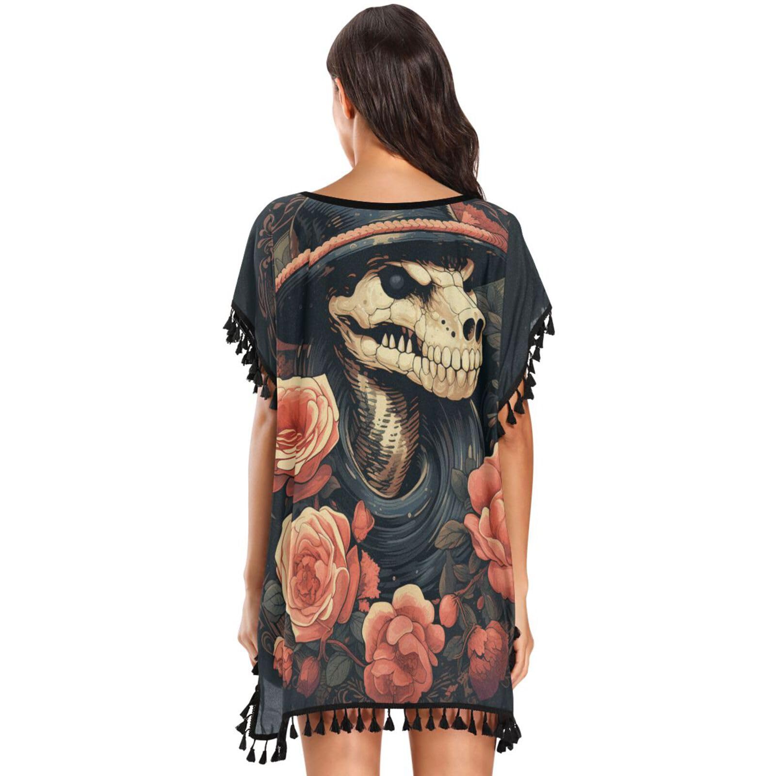 Black Skull Snake Pink Rose Women's Beach Cover Up Chiffon Tassel Swimwear Swimsuit Coverups for Girl